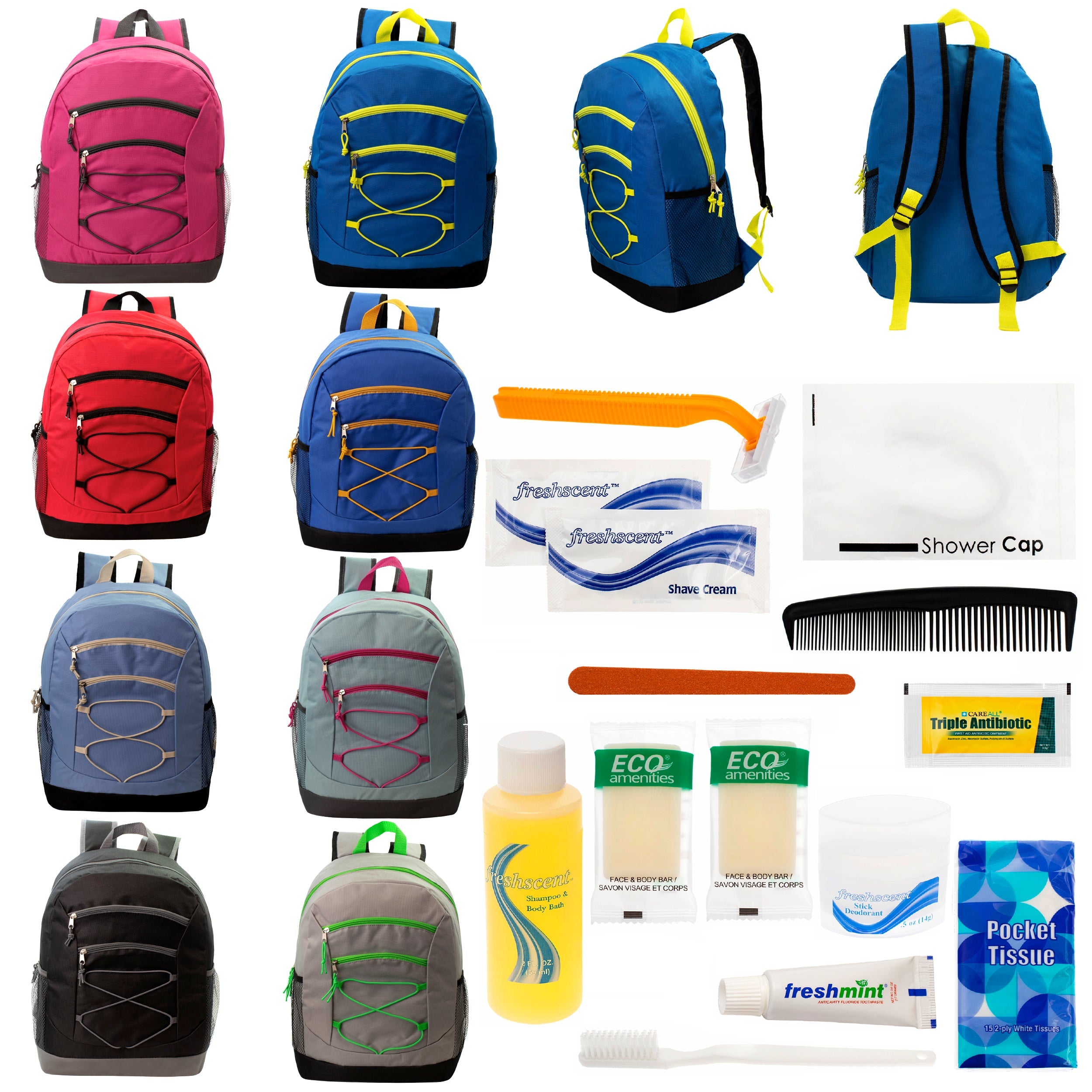 12 Bungee 17" Backpacks in 8 Colors & Your Choice of 12 Bulk Hygiene Kits - Wholesale Care Package: Homeless, Emergency, Charity