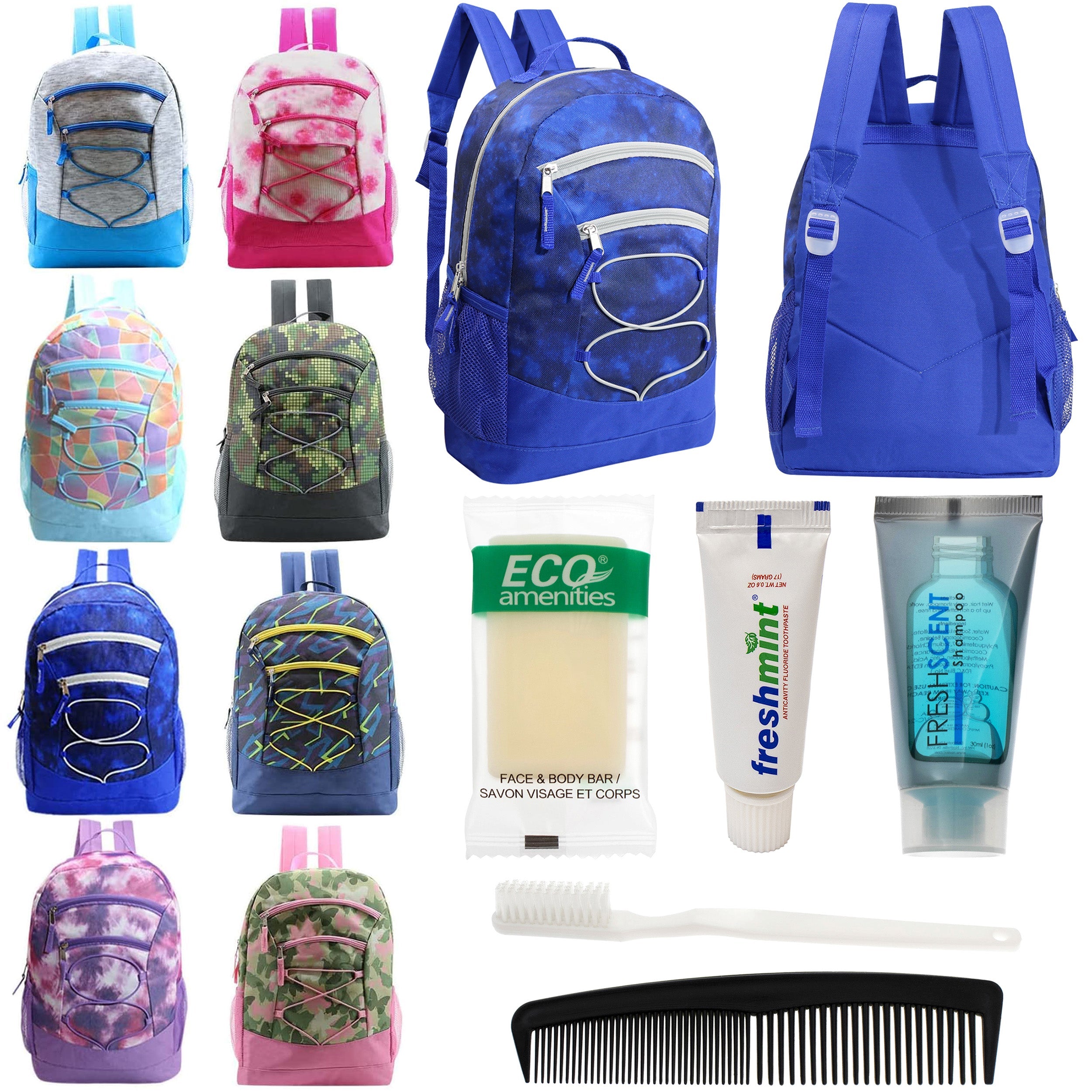 12 Bungee 17" Backpacks in 8 Colors & Your Choice of 12 Bulk Hygiene Kits - Wholesale Care Package: Homeless, Emergency, Charity