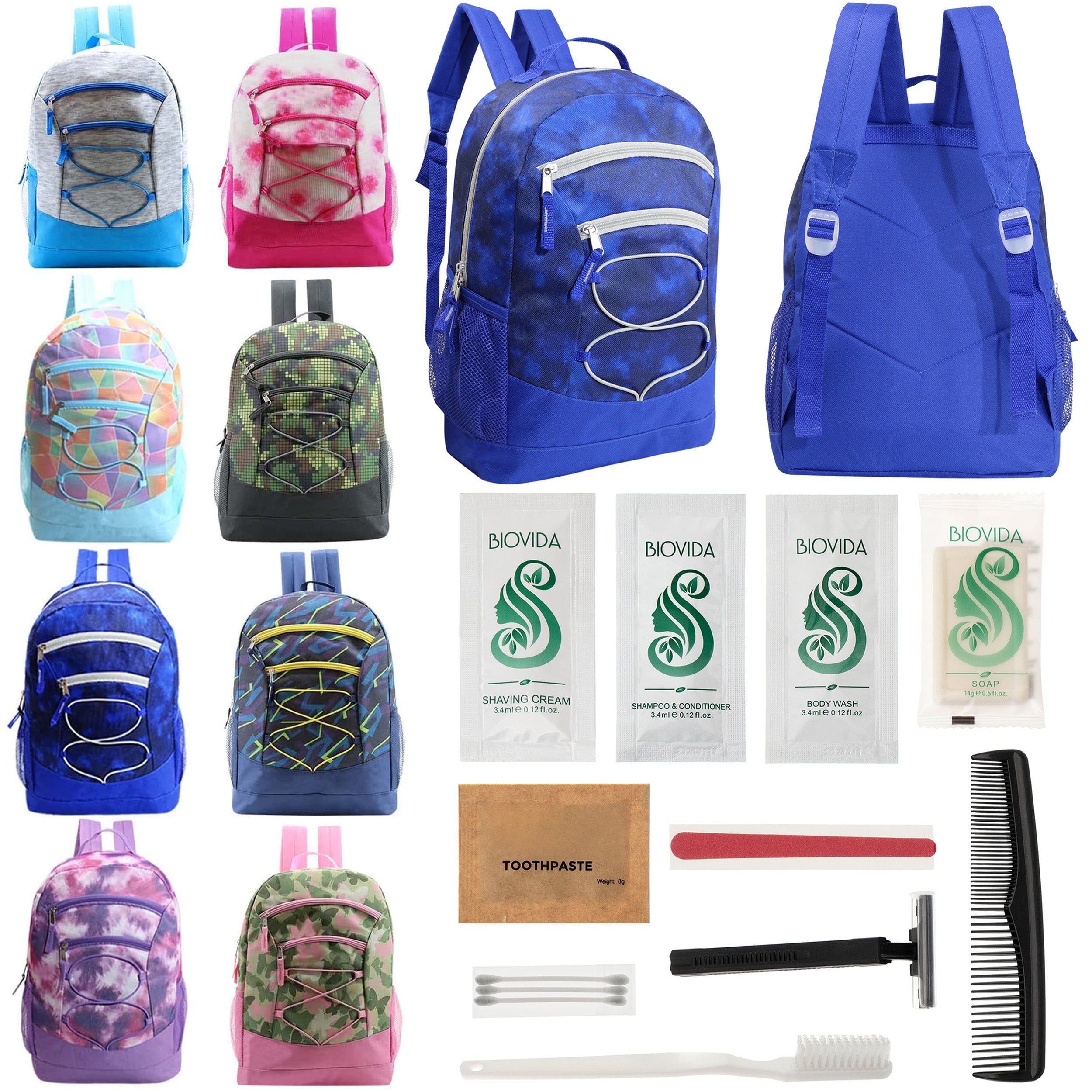 12 Bungee 17" Backpacks in 8 Colors & Your Choice of 12 Bulk Hygiene Kits - Wholesale Care Package: Homeless, Emergency, Charity