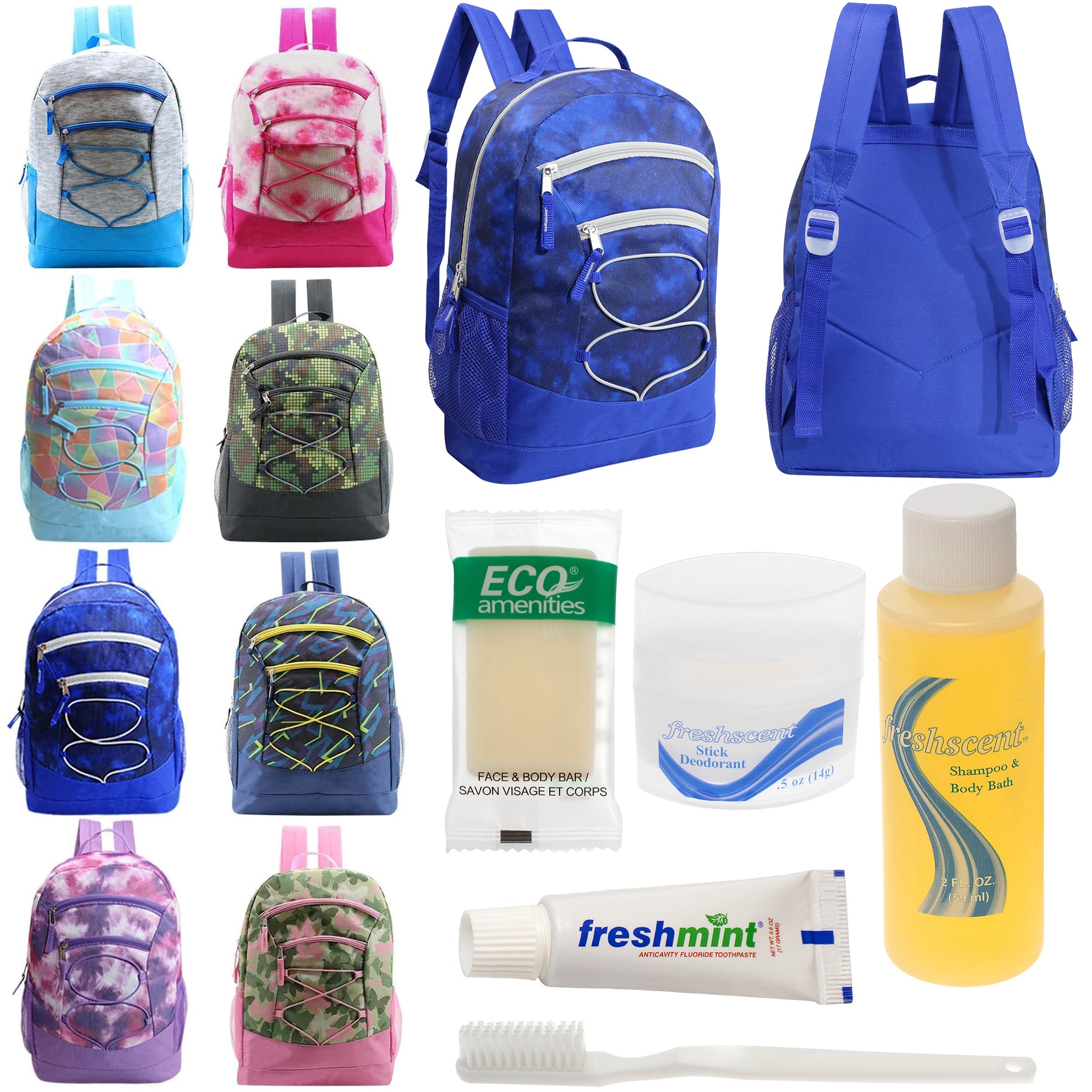 12 Bungee 17" Backpacks in 8 Colors & Your Choice of 12 Bulk Hygiene Kits - Wholesale Care Package: Homeless, Emergency, Charity