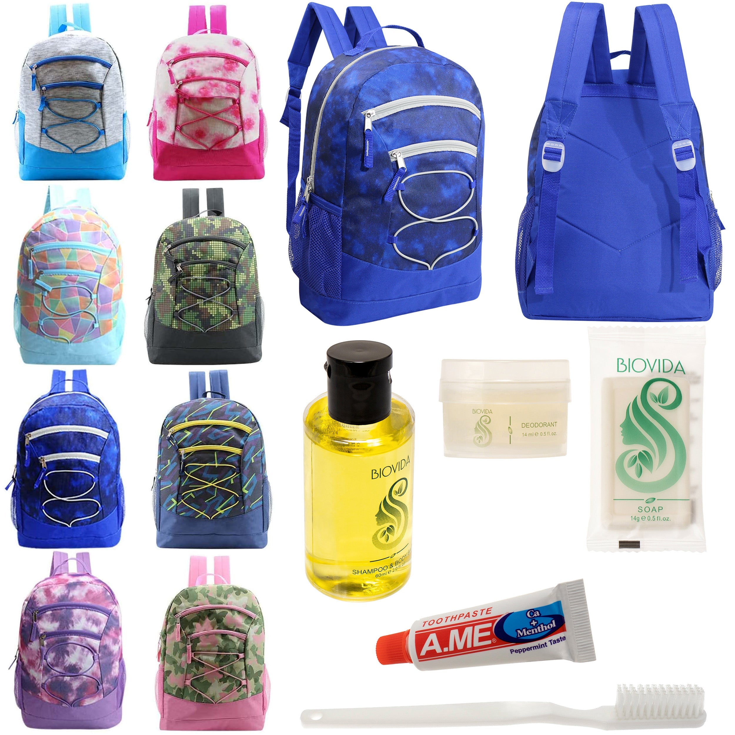 12 Bungee 17" Backpacks in 8 Colors & Your Choice of 12 Bulk Hygiene Kits - Wholesale Care Package: Homeless, Emergency, Charity