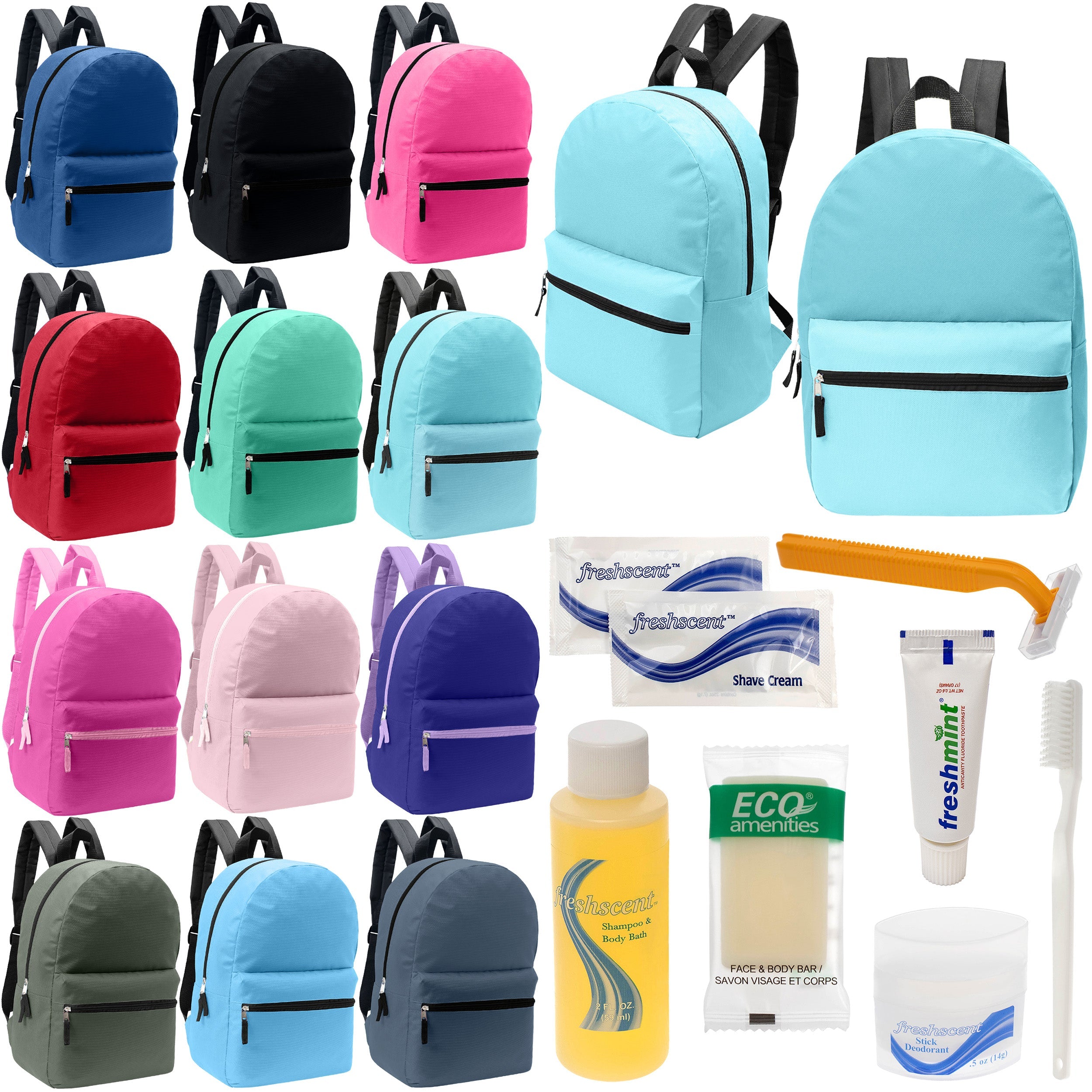 12 Basic 17" Backpacks in 12 Assorted Colors & Your Choice of 12 Bulk Hygiene Kits - Wholesale Care Package: Homeless, Emergency, Charity