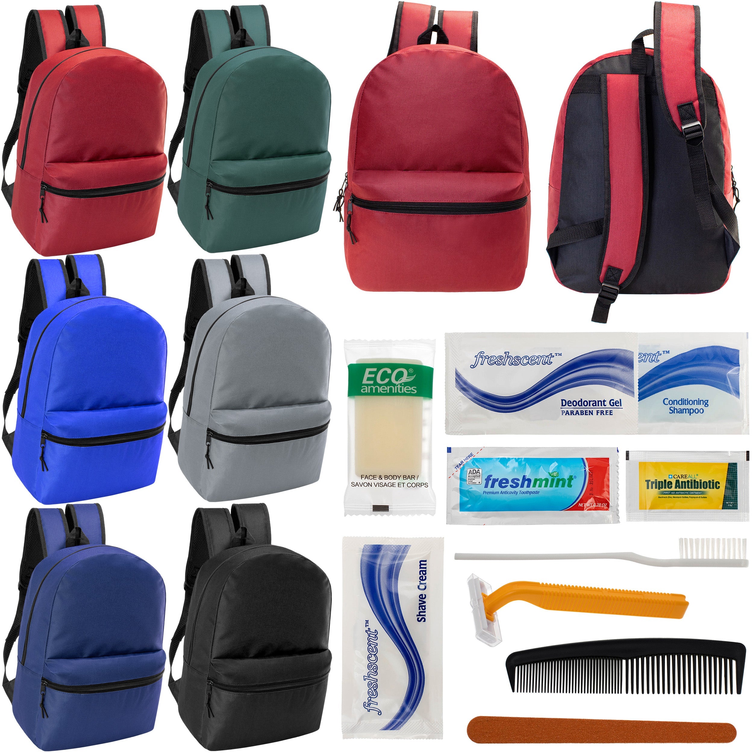 12 17" Classic Backpacks in 6 Assorted Colors & Your Choice of 12 Bulk Hygiene Kits - Wholesale Care Package: Homeless, Emergency, Charity