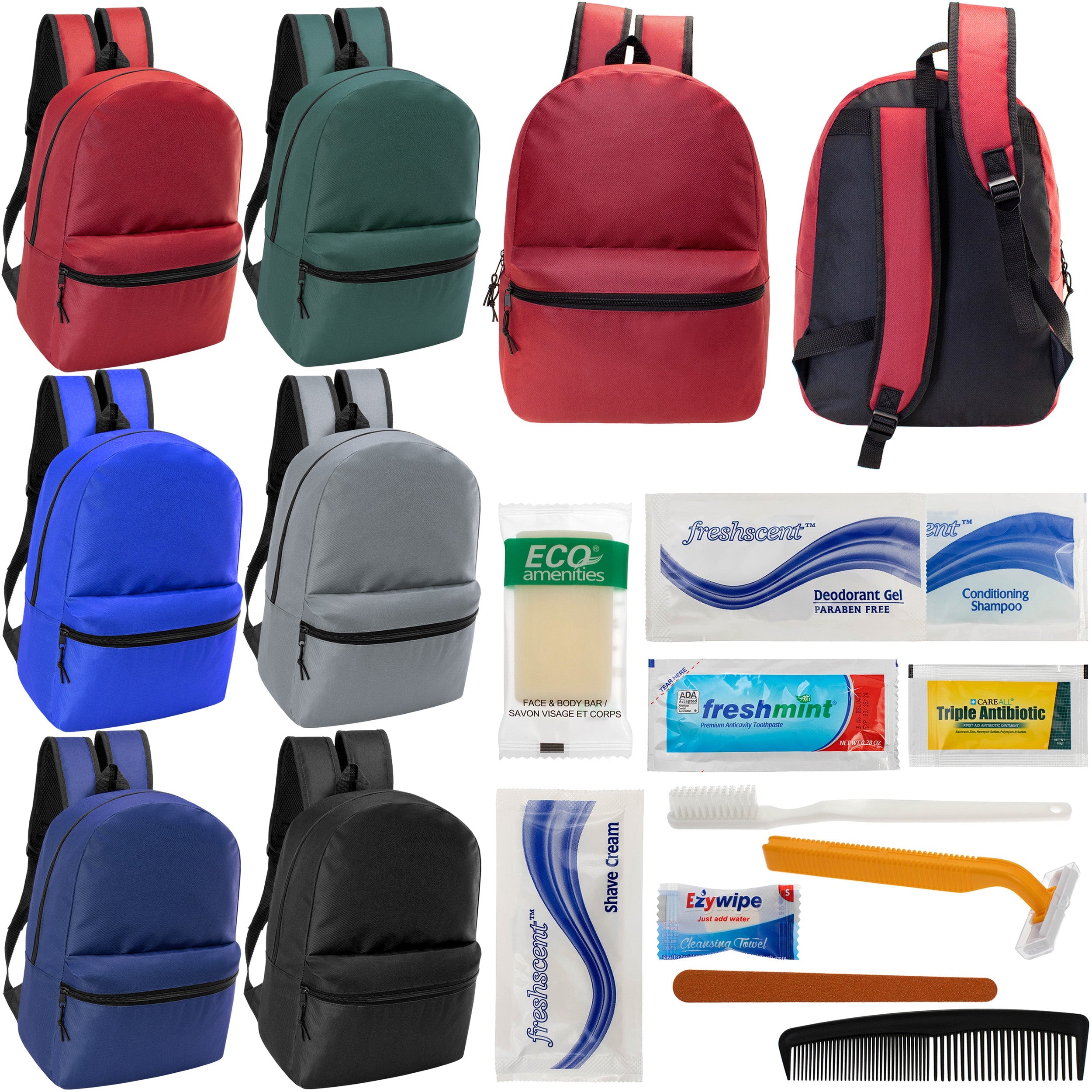 12 17" Classic Backpacks in 6 Assorted Colors & Your Choice of 12 Bulk Hygiene Kits - Wholesale Care Package: Homeless, Emergency, Charity