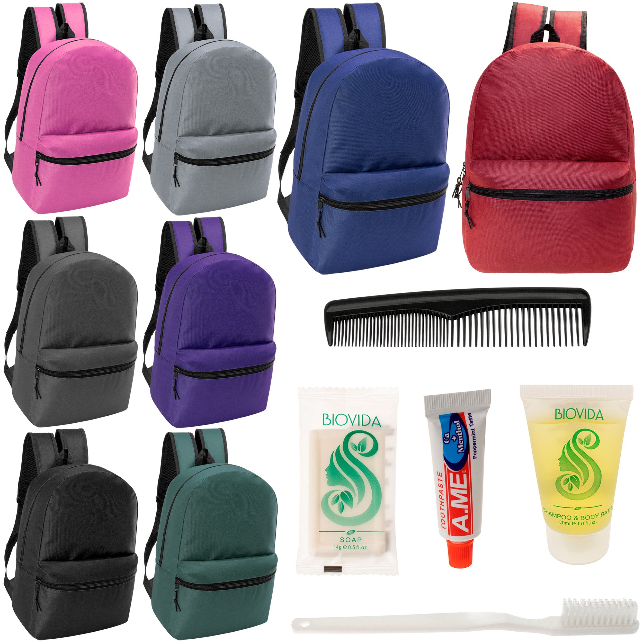 12 17" Classic Backpacks in 8 Assorted Colors & Your Choice of 12 Bulk Hygiene Kits - Wholesale Care Package: Homeless, Emergency, Charity