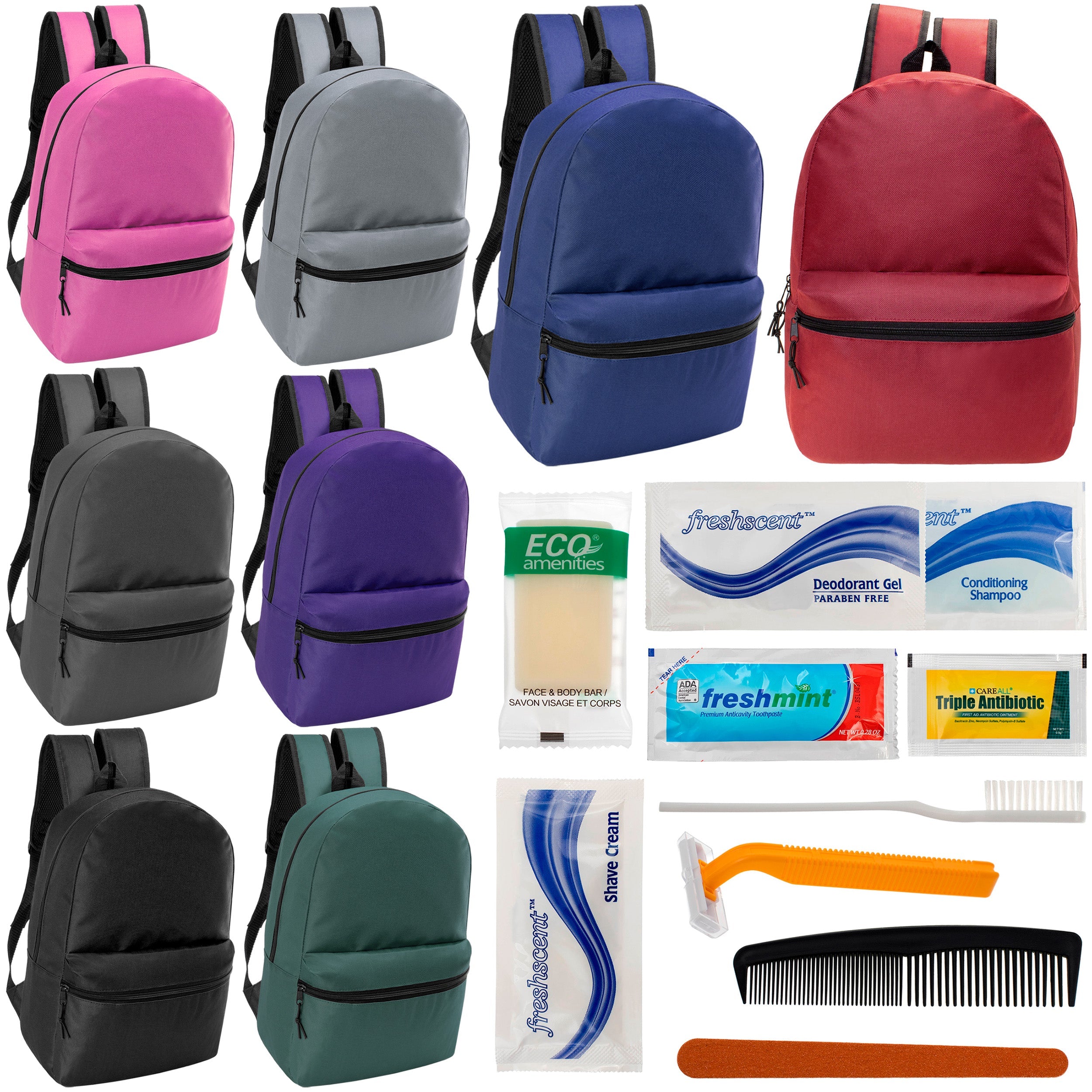 12 17" Classic Backpacks in 8 Assorted Colors & Your Choice of 12 Bulk Hygiene Kits - Wholesale Care Package: Homeless, Emergency, Charity