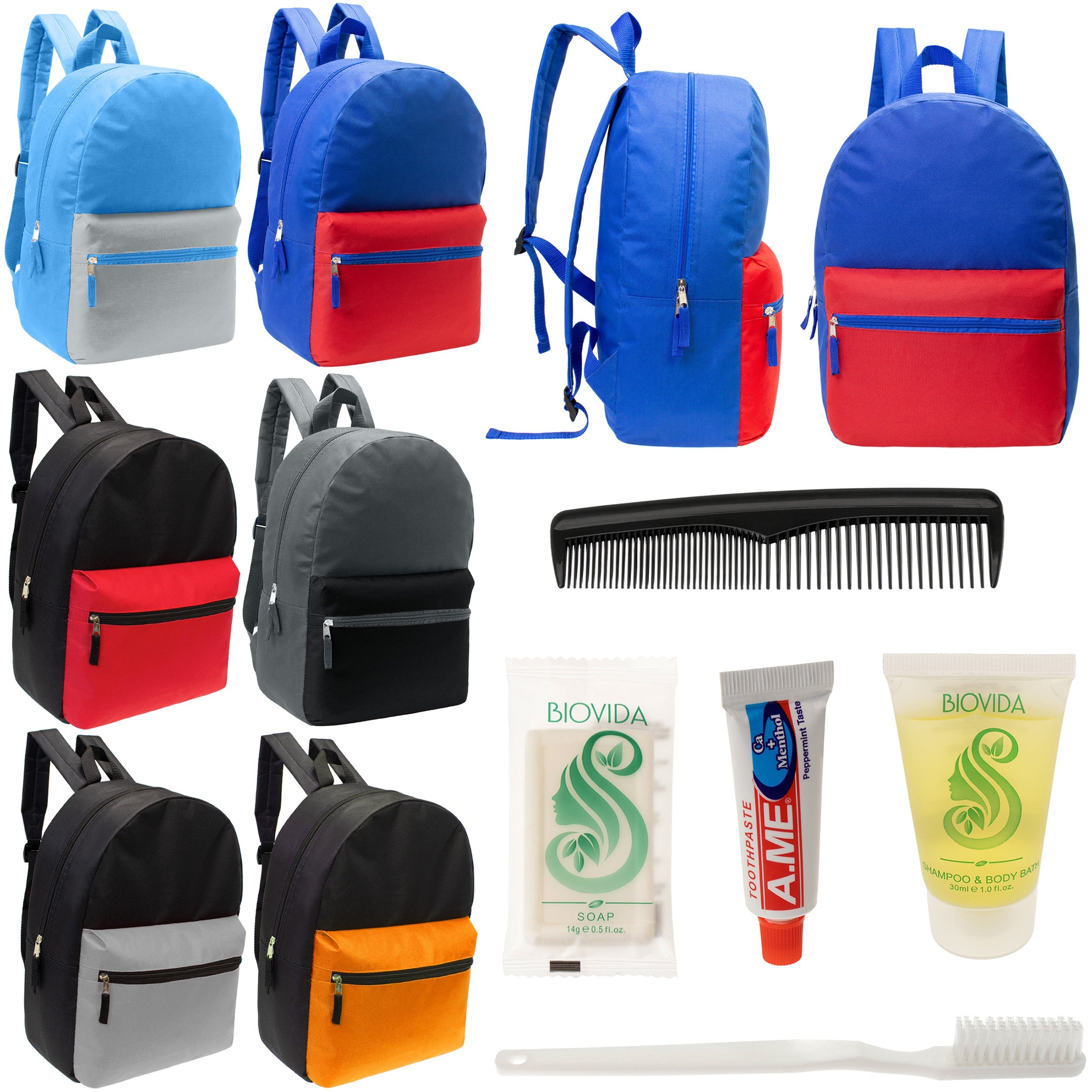 12 17" Classic Backpacks in 6 Two Tone Colors & Your Choice of 12 Bulk Hygiene Kits - Wholesale Care Package: Homeless, Emergency, Charity