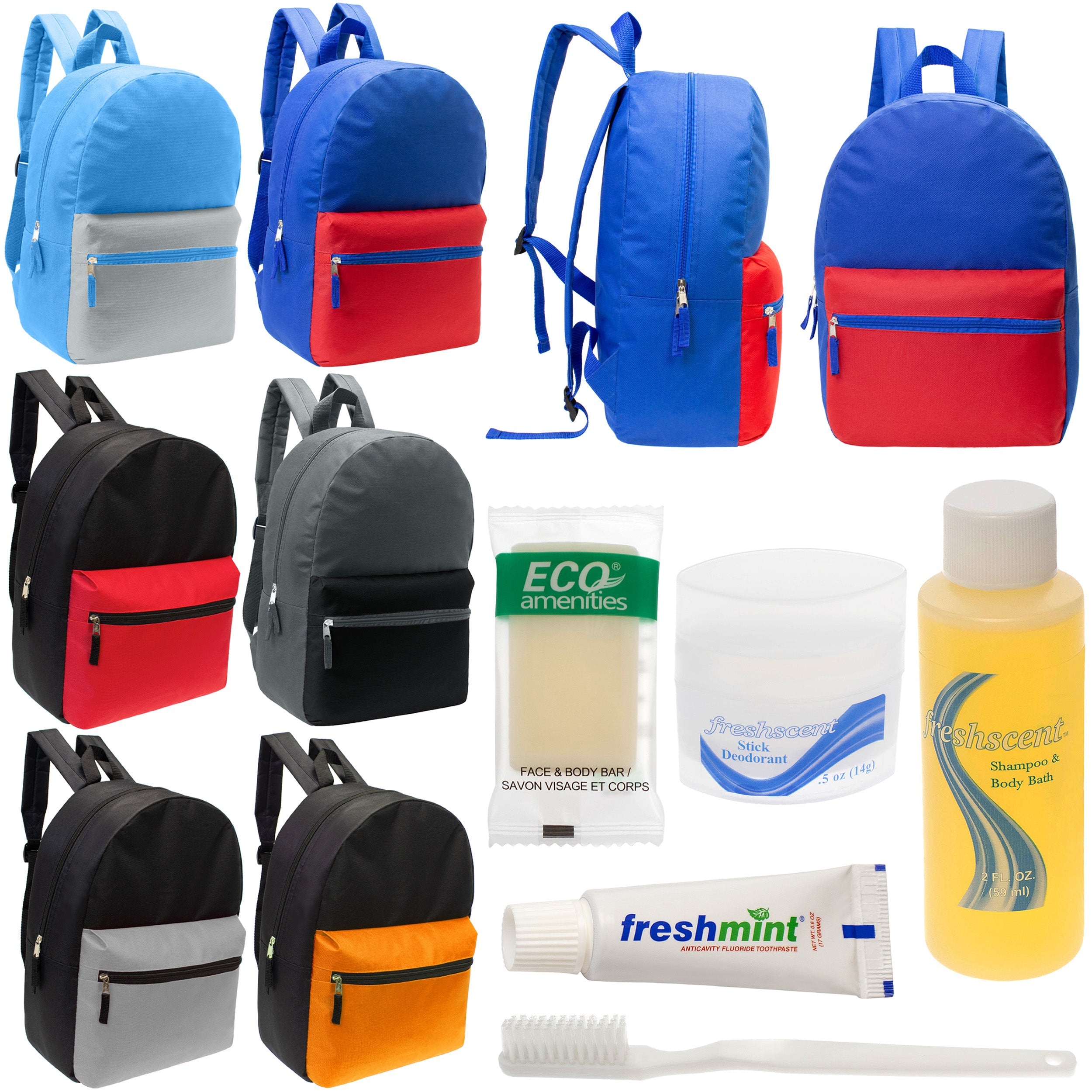 12 17" Classic Backpacks in 6 Two Tone Colors & Your Choice of 12 Bulk Hygiene Kits - Wholesale Care Package: Homeless, Emergency, Charity