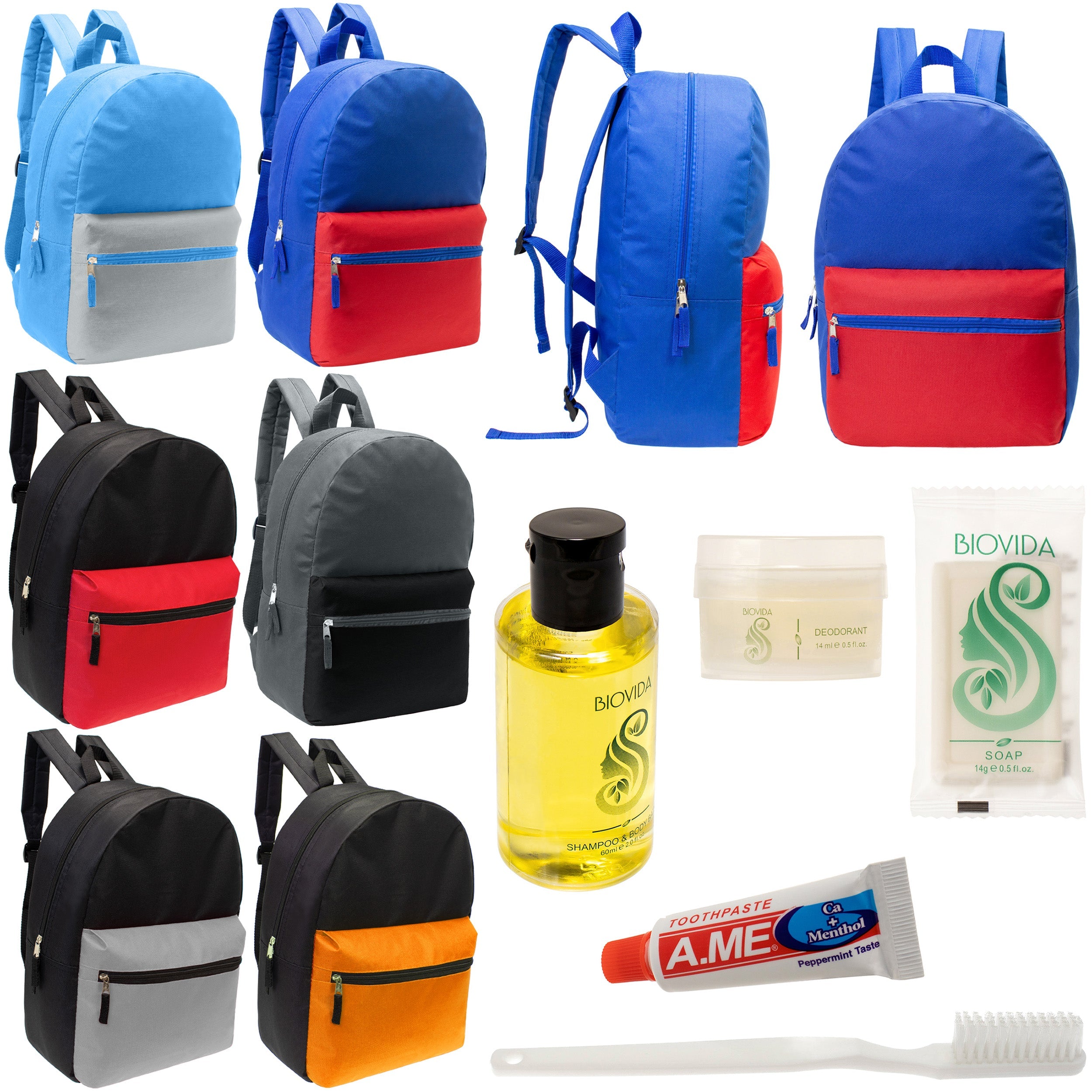 12 17" Classic Backpacks in 6 Two Tone Colors & Your Choice of 12 Bulk Hygiene Kits - Wholesale Care Package: Homeless, Emergency, Charity