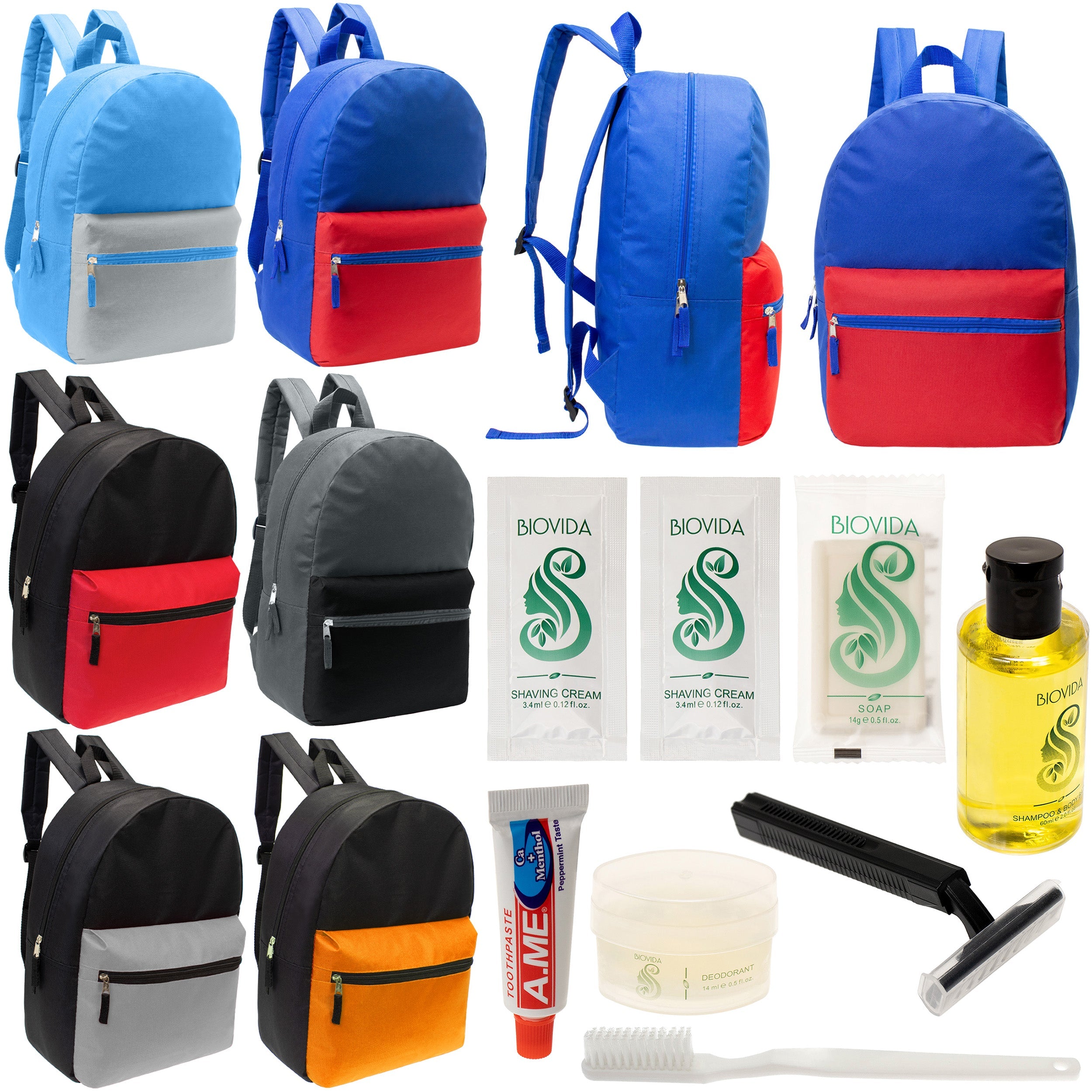 12 17" Classic Backpacks in 6 Two Tone Colors & Your Choice of 12 Bulk Hygiene Kits - Wholesale Care Package: Homeless, Emergency, Charity