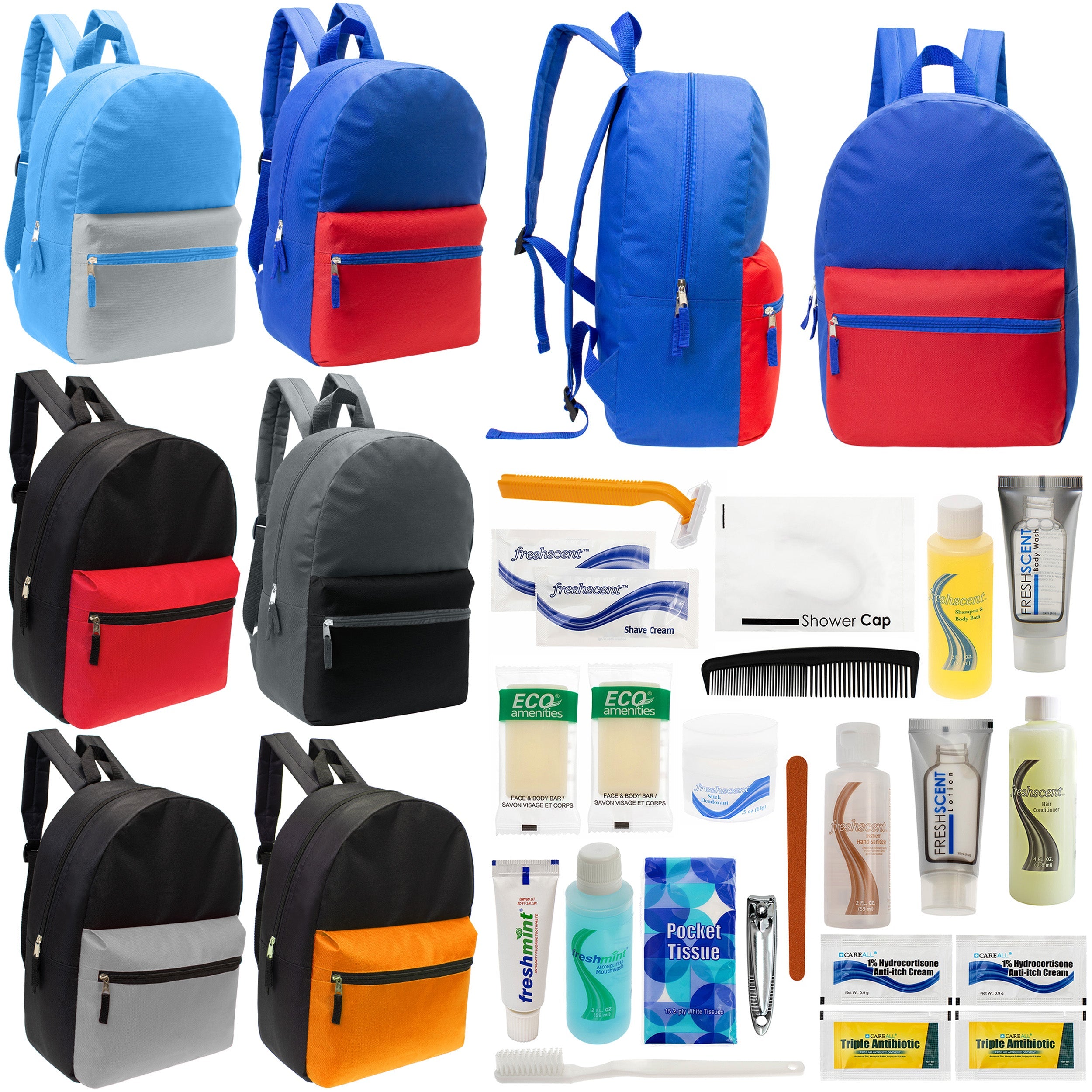 12 17" Classic Backpacks in 6 Two Tone Colors & Your Choice of 12 Bulk Hygiene Kits - Wholesale Care Package: Homeless, Emergency, Charity