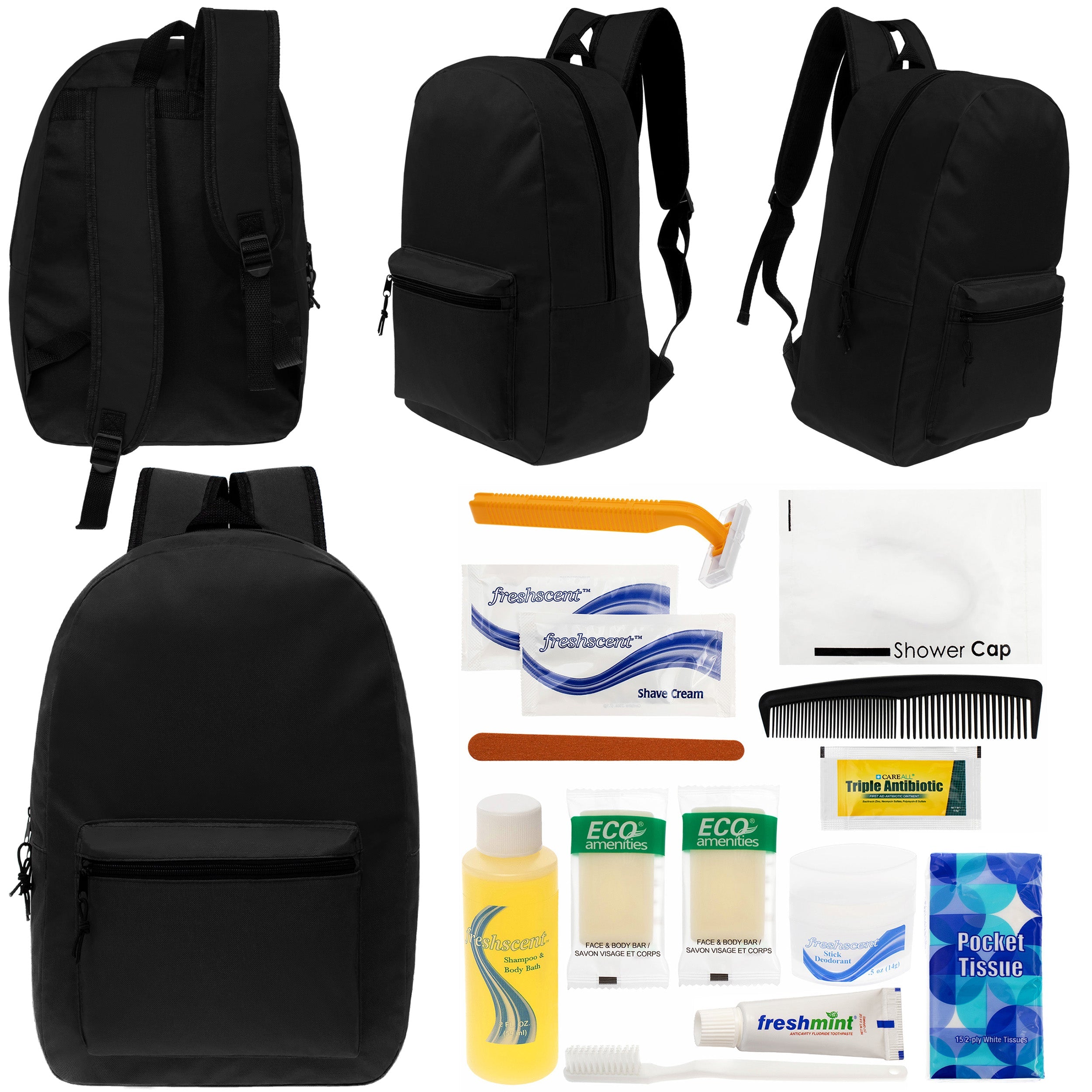 12 Black 17" Classic Backpacks & Your Choice of 12 Bulk Hygiene Kits - Wholesale Care Package: Homeless, Emergency, Charity