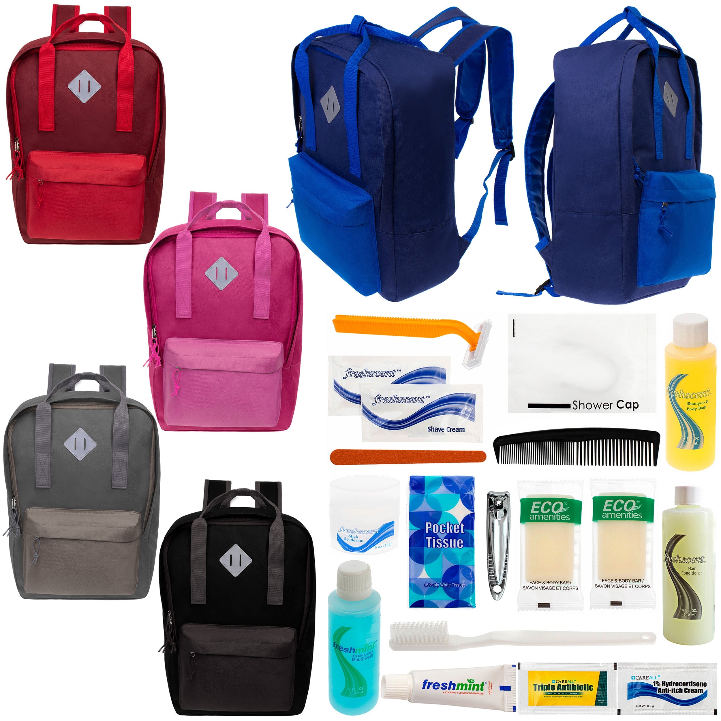 12 Multi Color Diamond Patch Backpacks & Your Choice of 12 Bulk Hygiene Kits - Wholesale Care Package: Homeless, Emergency, Charity