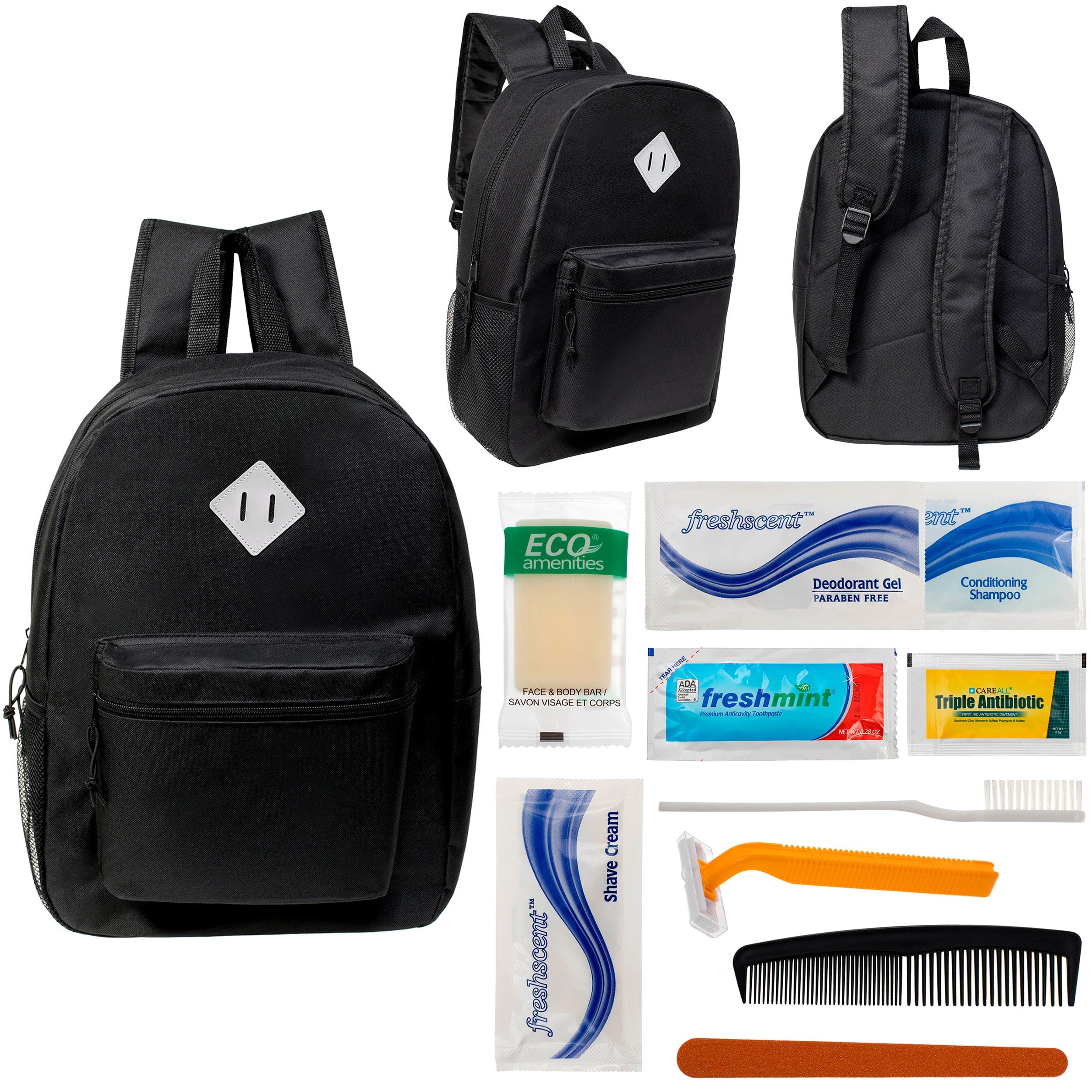 12 Black 17" Diamond Patch Backpacks & Your Choice of 12 Bulk Hygiene Kits - Wholesale Care Package: Homeless, Emergency, Charity