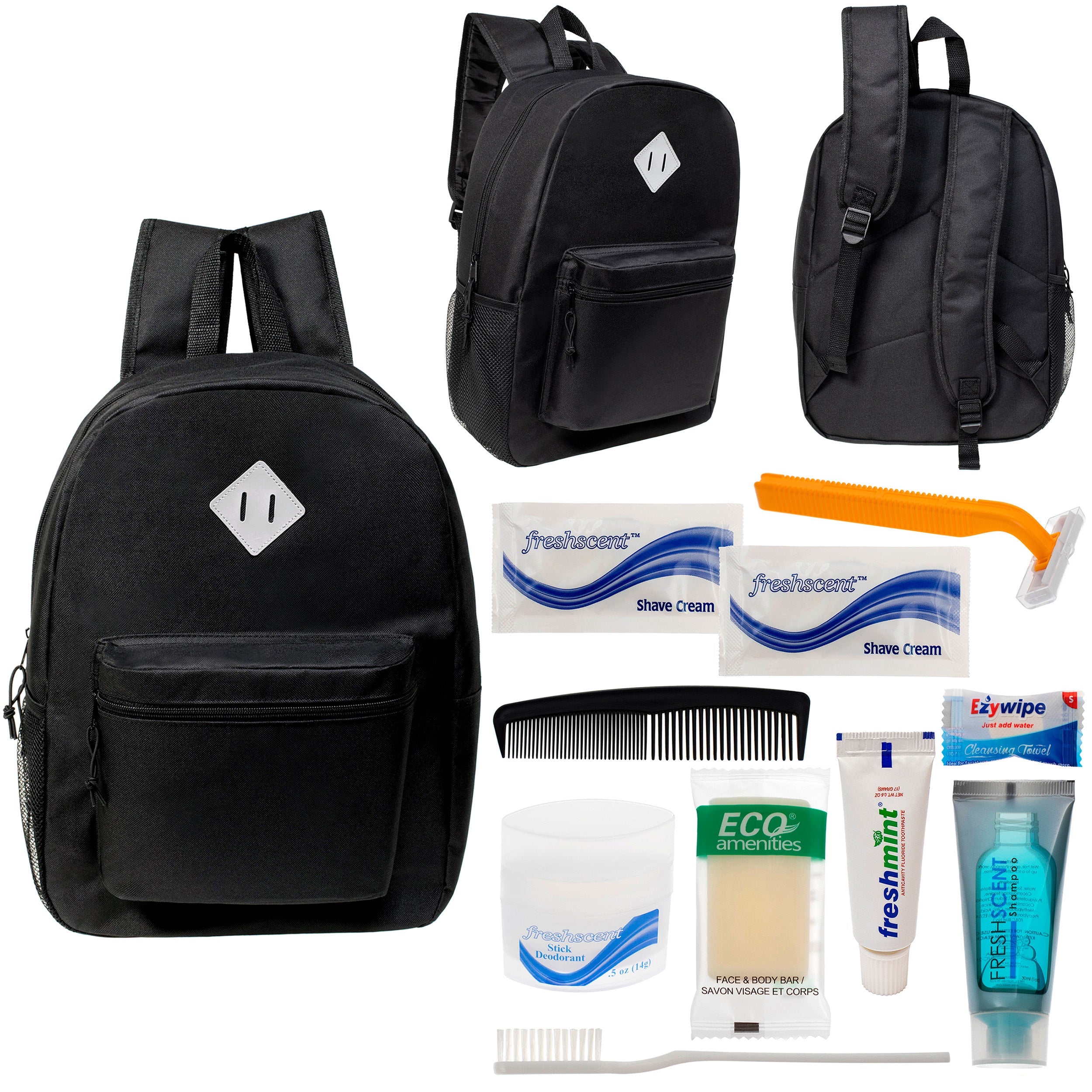 12 Black 17" Diamond Patch Backpacks & Your Choice of 12 Bulk Hygiene Kits - Wholesale Care Package: Homeless, Emergency, Charity