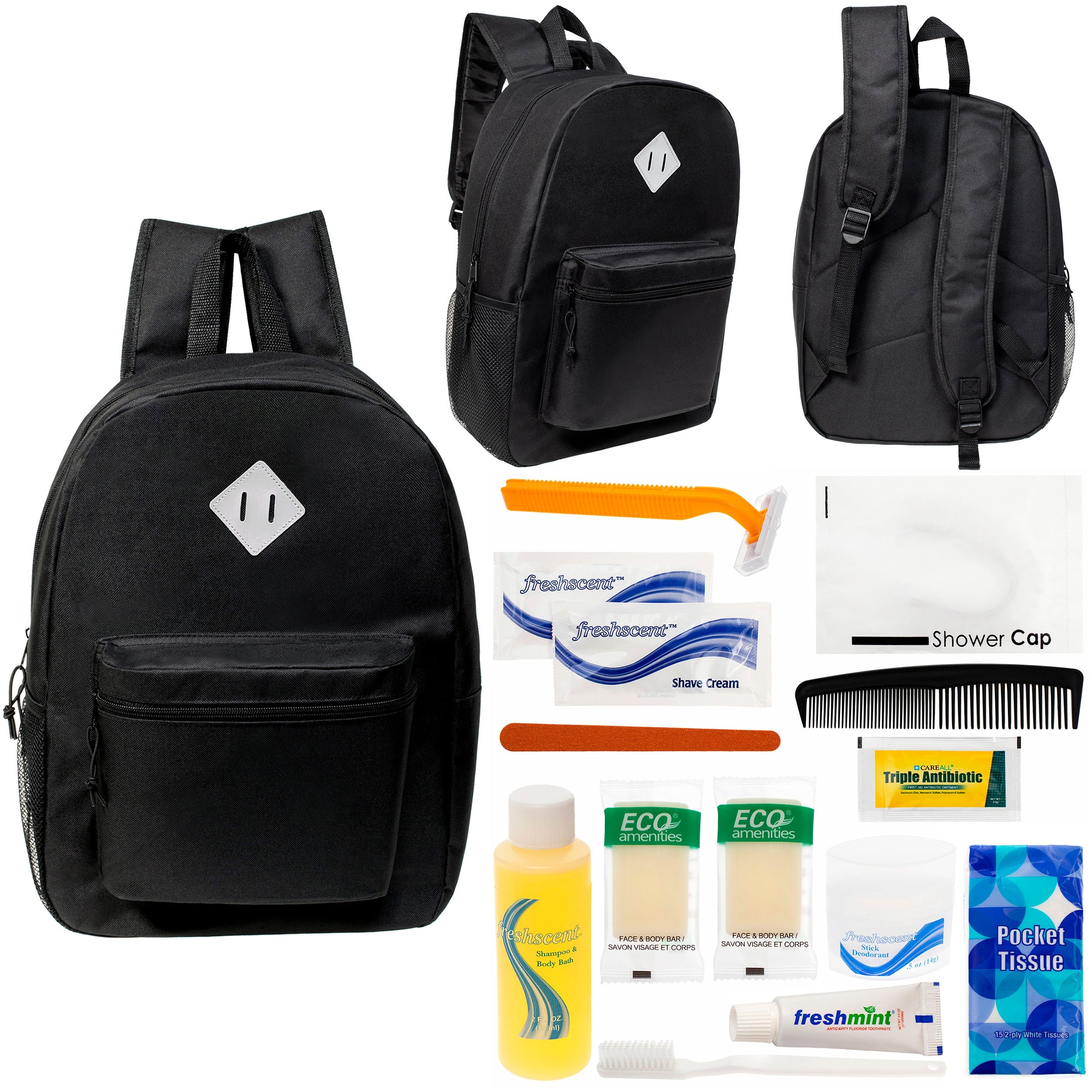 12 Black 17" Diamond Patch Backpacks & Your Choice of 12 Bulk Hygiene Kits - Wholesale Care Package: Homeless, Emergency, Charity