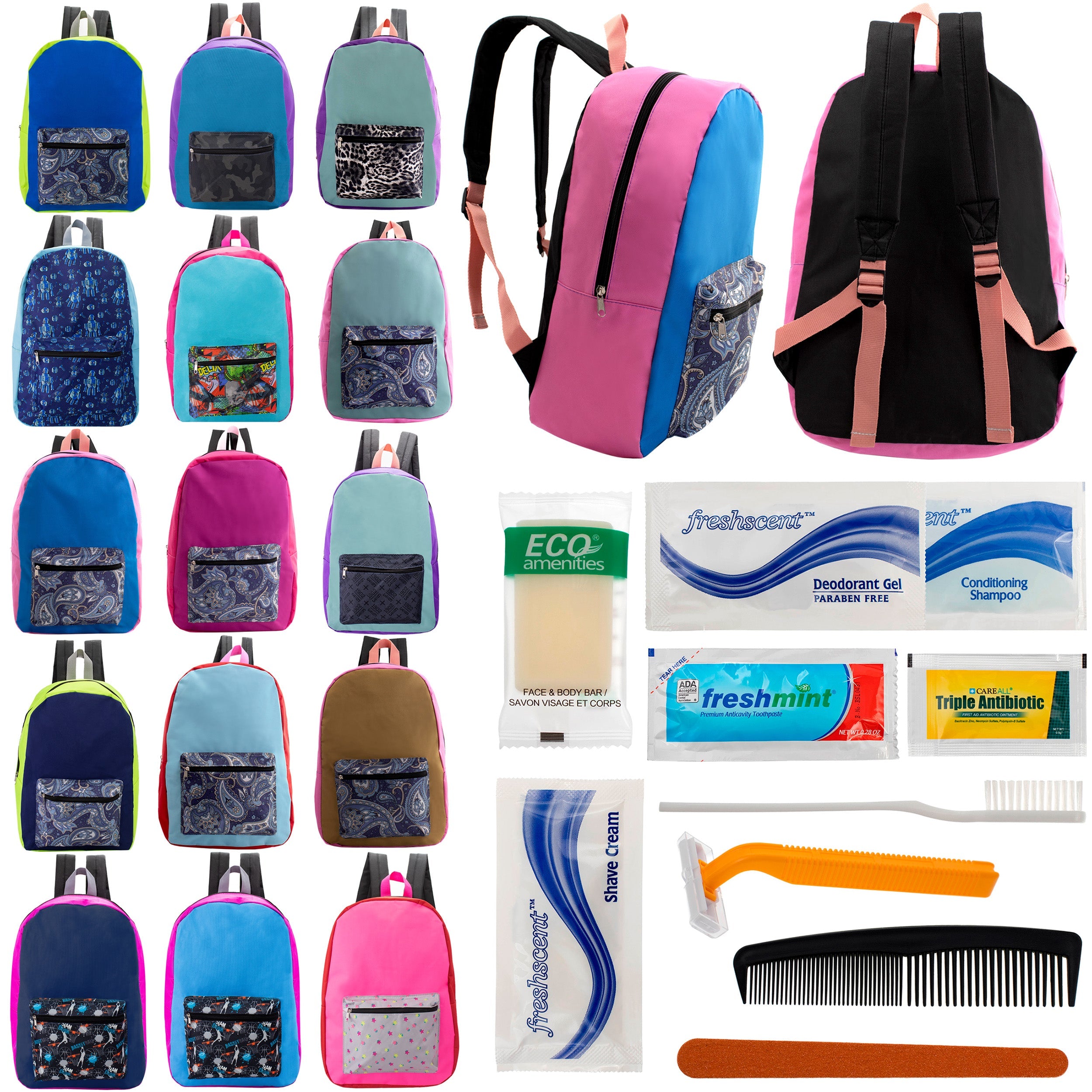 12 17" Backpacks in Assorted Random Prints & Your Choice of 12 Bulk Hygiene Kits - Wholesale Care Package: Homeless, Emergency, Charity