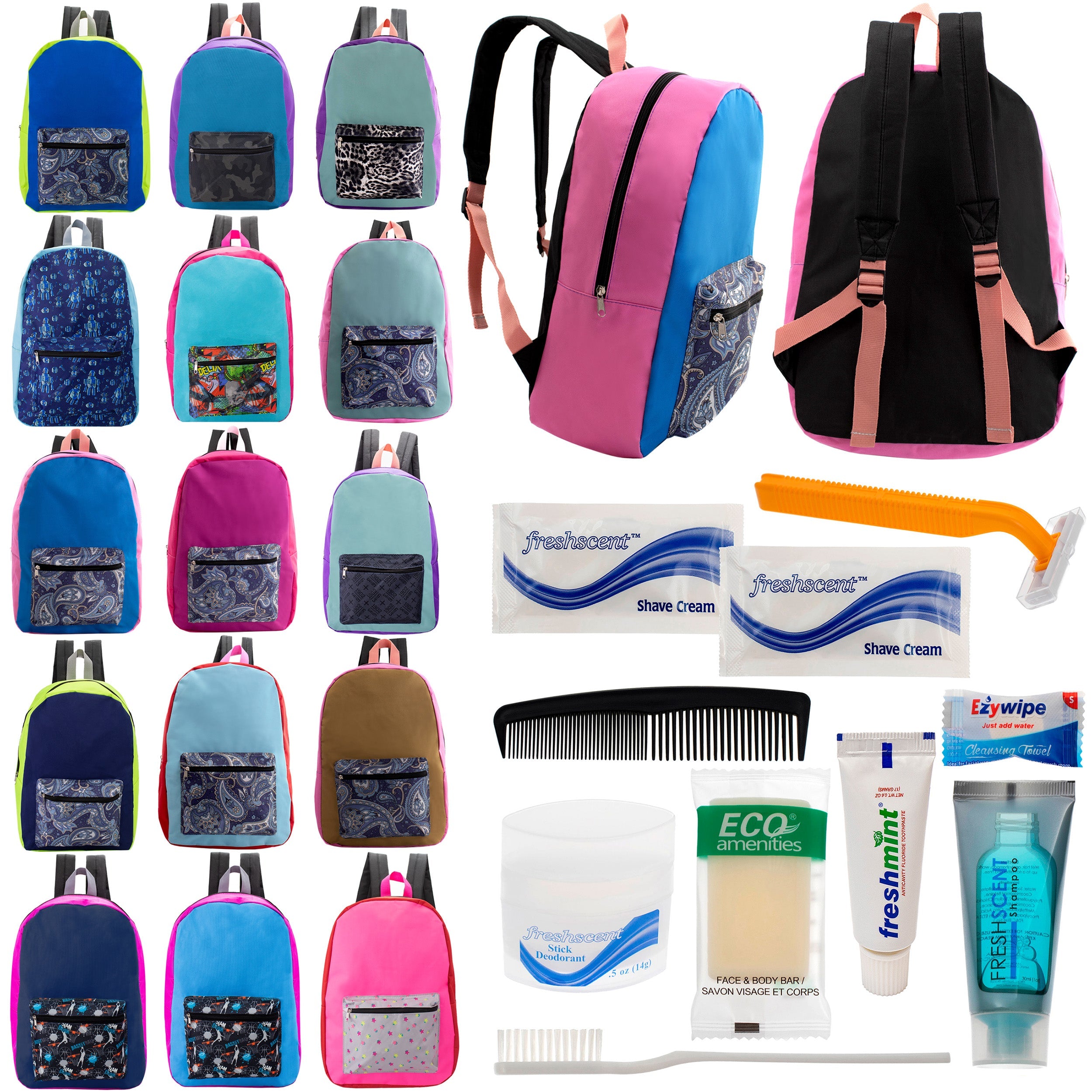 12 17" Backpacks in Assorted Random Prints & Your Choice of 12 Bulk Hygiene Kits - Wholesale Care Package: Homeless, Emergency, Charity