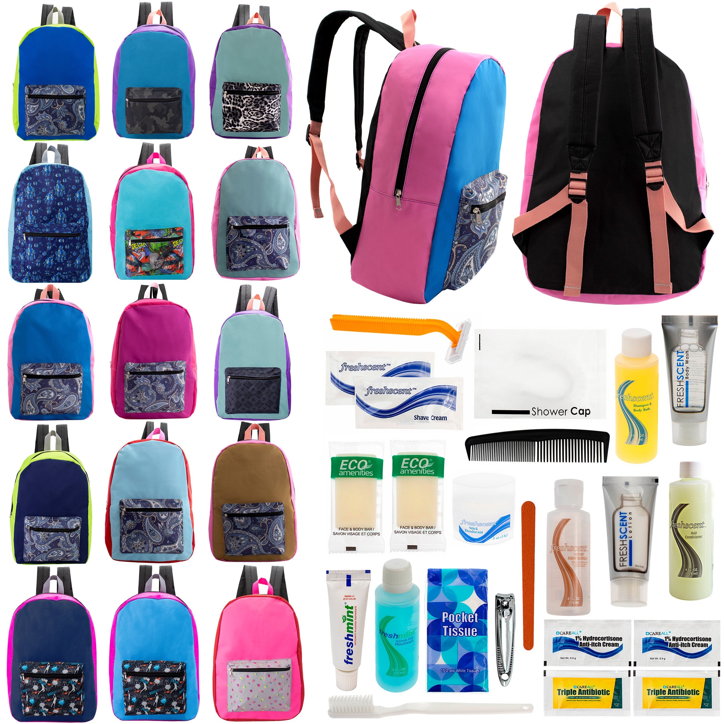 12 17" Backpacks in Assorted Random Prints & Your Choice of 12 Bulk Hygiene Kits - Wholesale Care Package: Homeless, Emergency, Charity