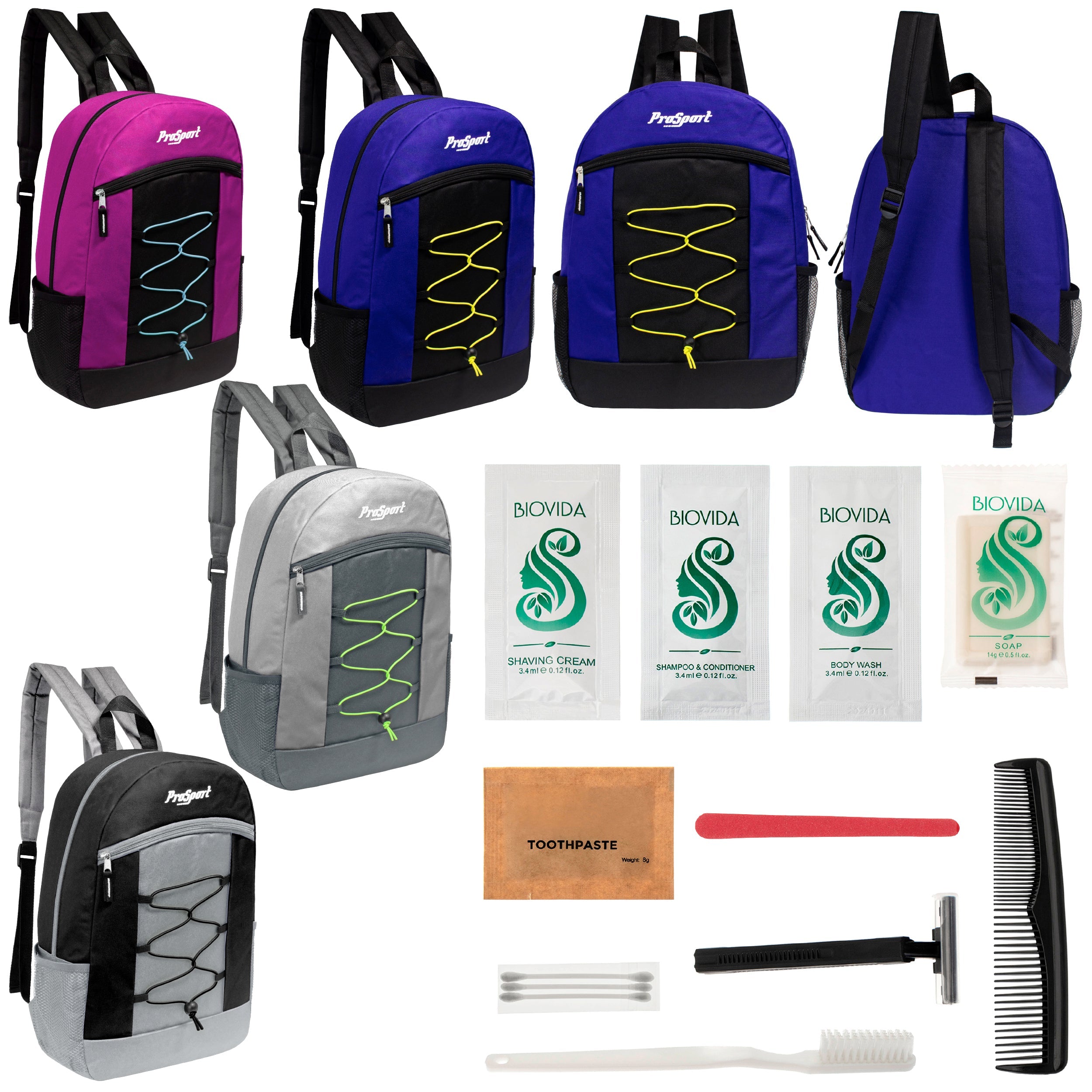 12 Multi-Color 17" Bungee Backpacks in 4 Color Combinations & Your Choice of 12 Bulk Hygiene Kits - Wholesale Care Package: Homeless, Emergency, Charity