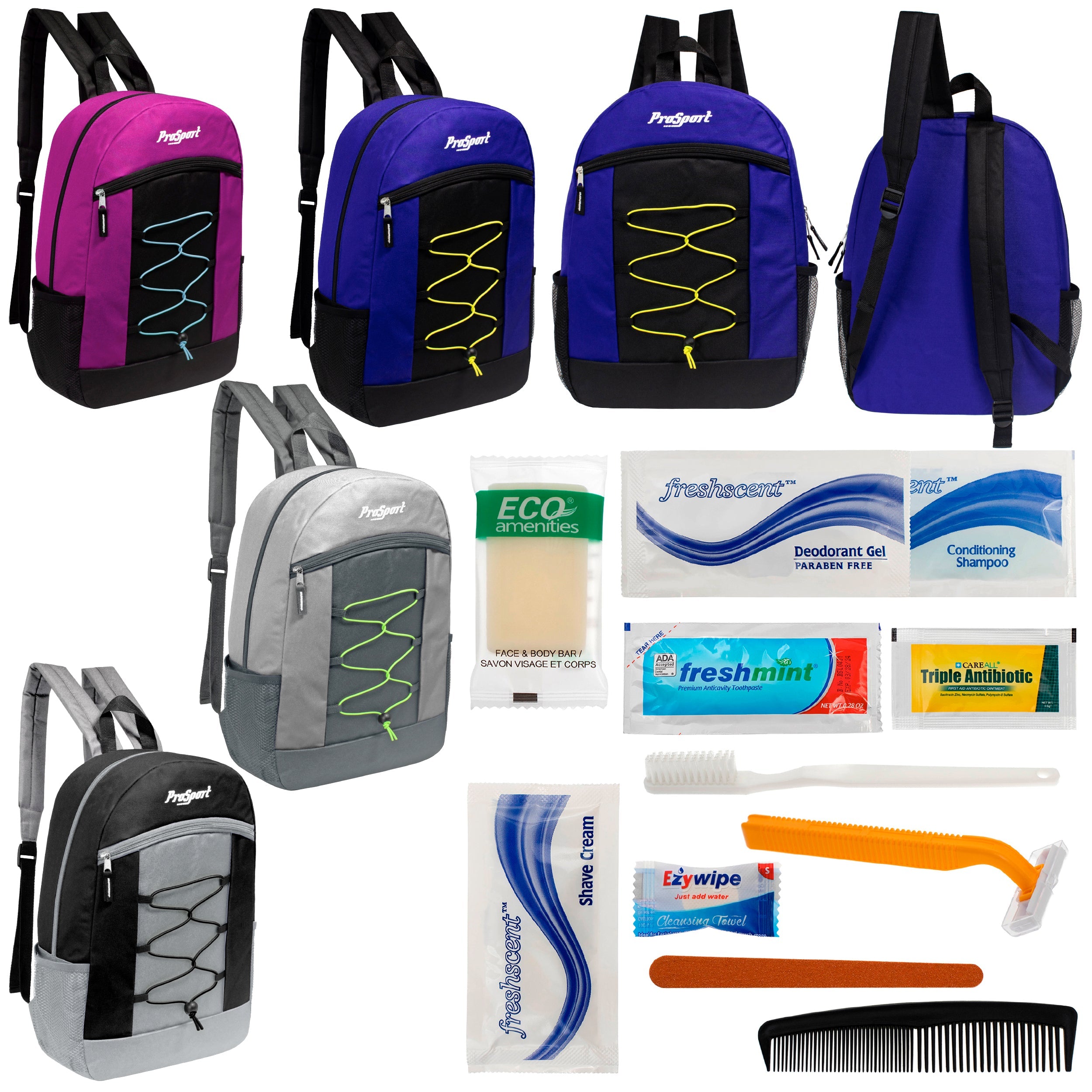 12 Multi-Color 17" Bungee Backpacks in 4 Color Combinations & Your Choice of 12 Bulk Hygiene Kits - Wholesale Care Package: Homeless, Emergency, Charity