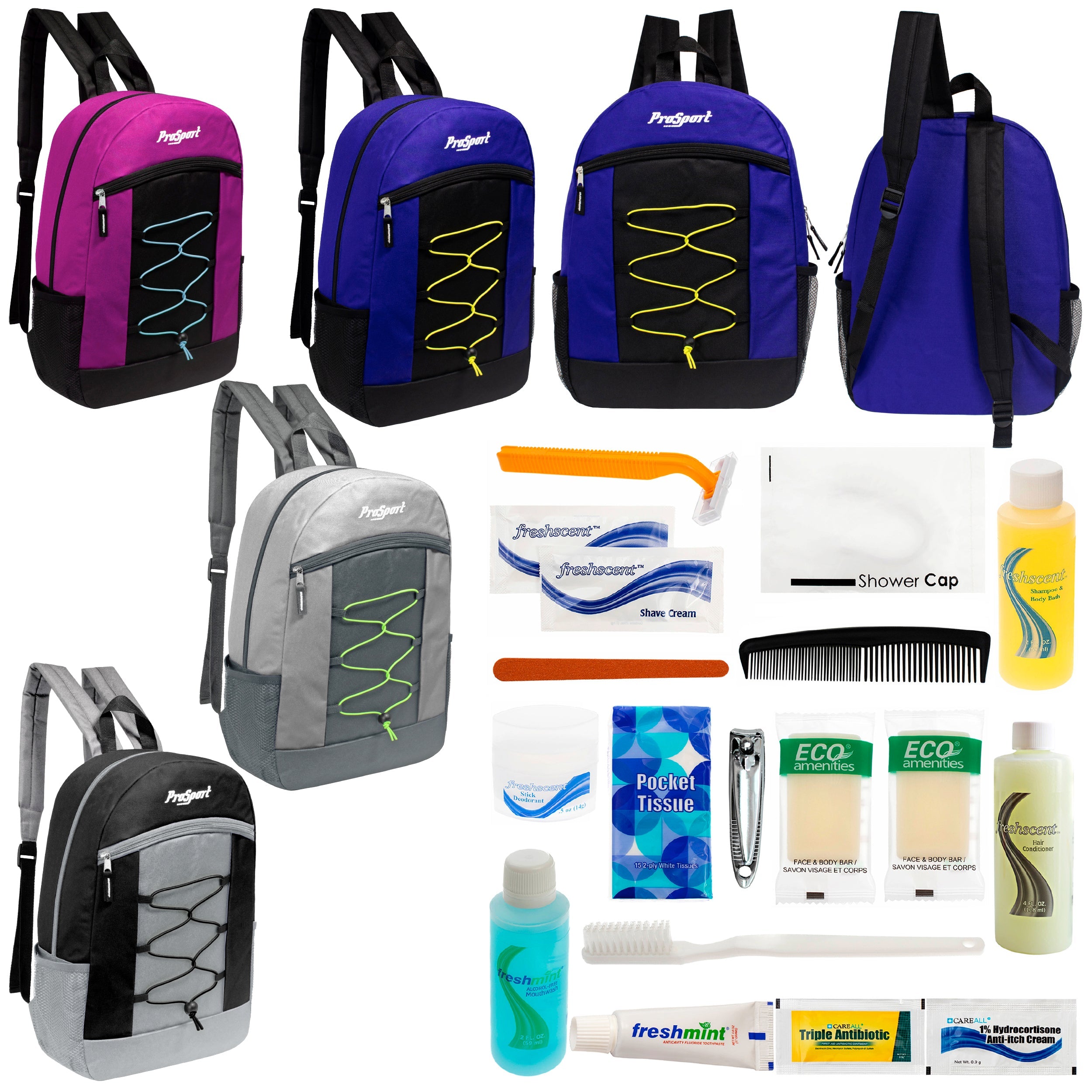 12 Multi-Color 17" Bungee Backpacks in 4 Color Combinations & Your Choice of 12 Bulk Hygiene Kits - Wholesale Care Package: Homeless, Emergency, Charity