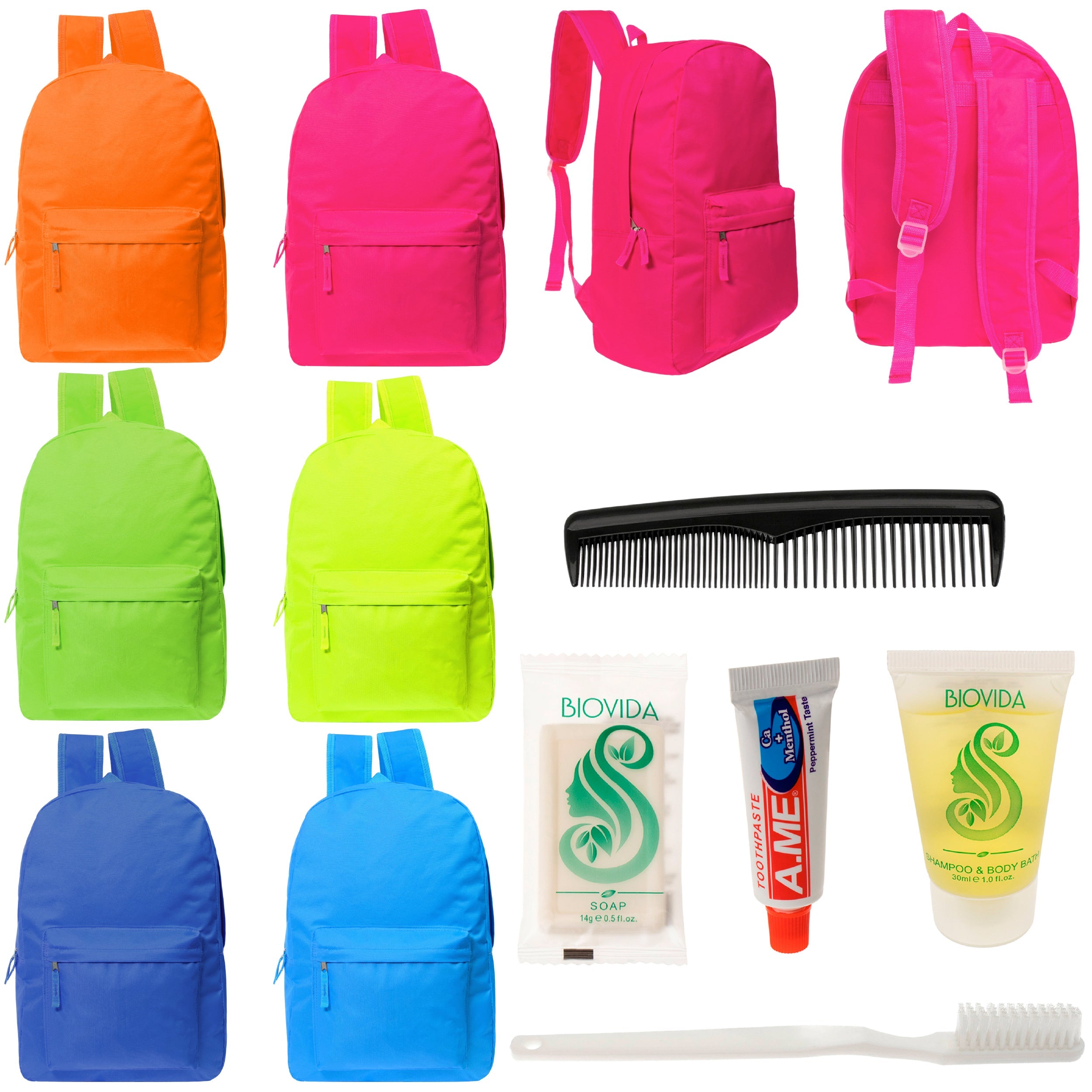 12 Bright Color 17" Backpacks in 6 Colors & Your Choice of 12 Bulk Hygiene Kits - Wholesale Care Package: Homeless, Emergency, Charity