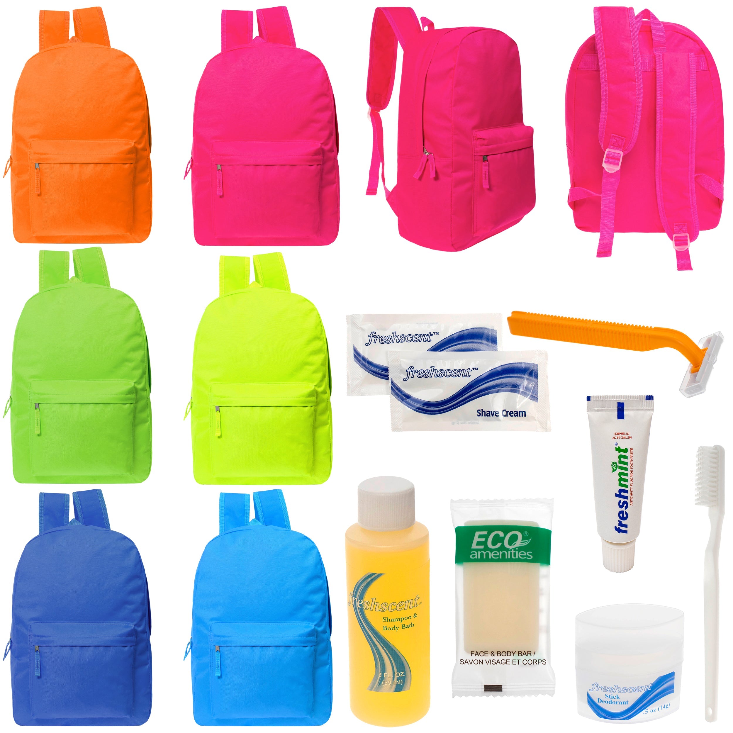 12 Bright Color 17" Backpacks in 6 Colors & Your Choice of 12 Bulk Hygiene Kits - Wholesale Care Package: Homeless, Emergency, Charity