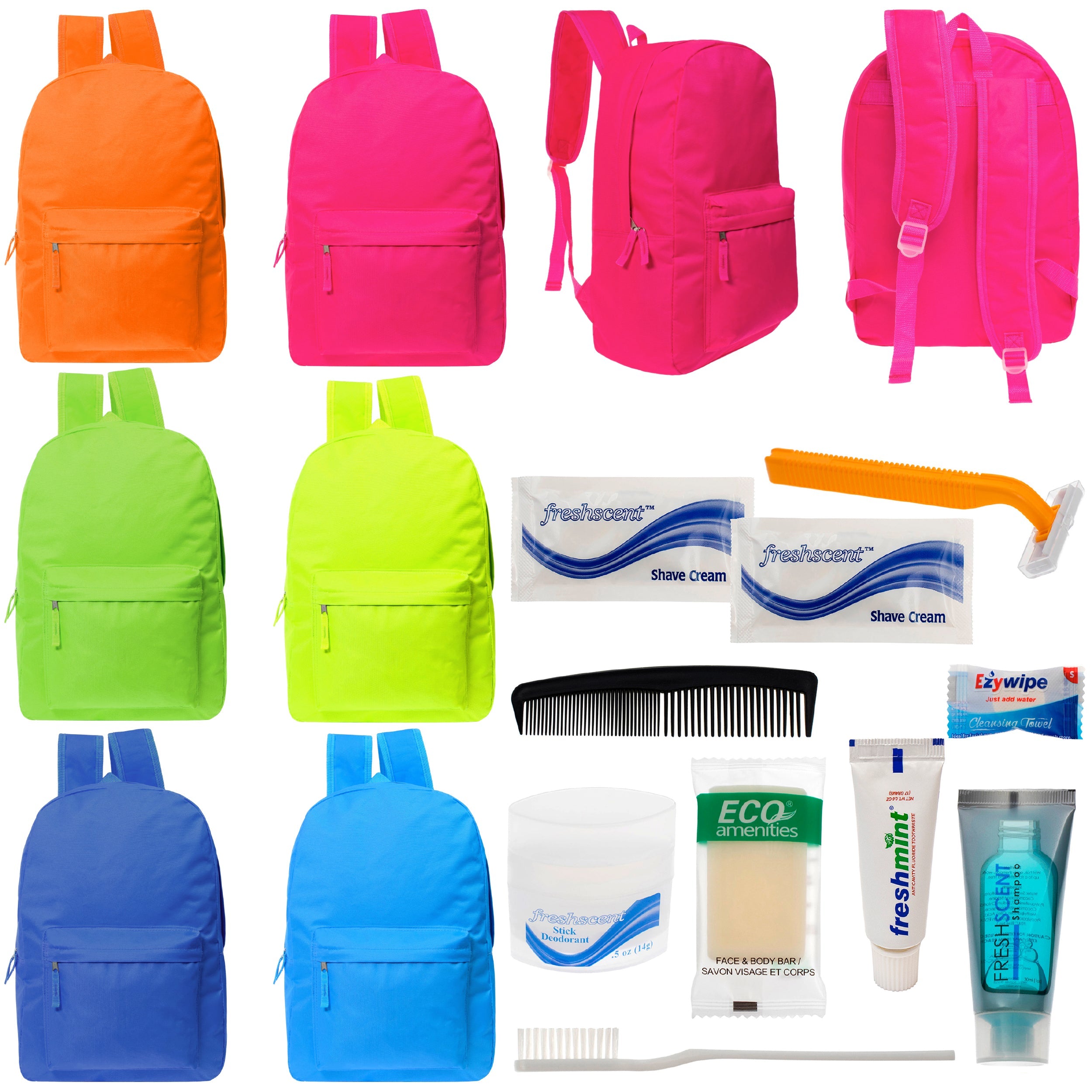 12 Bright Color 17" Backpacks in 6 Colors & Your Choice of 12 Bulk Hygiene Kits - Wholesale Care Package: Homeless, Emergency, Charity