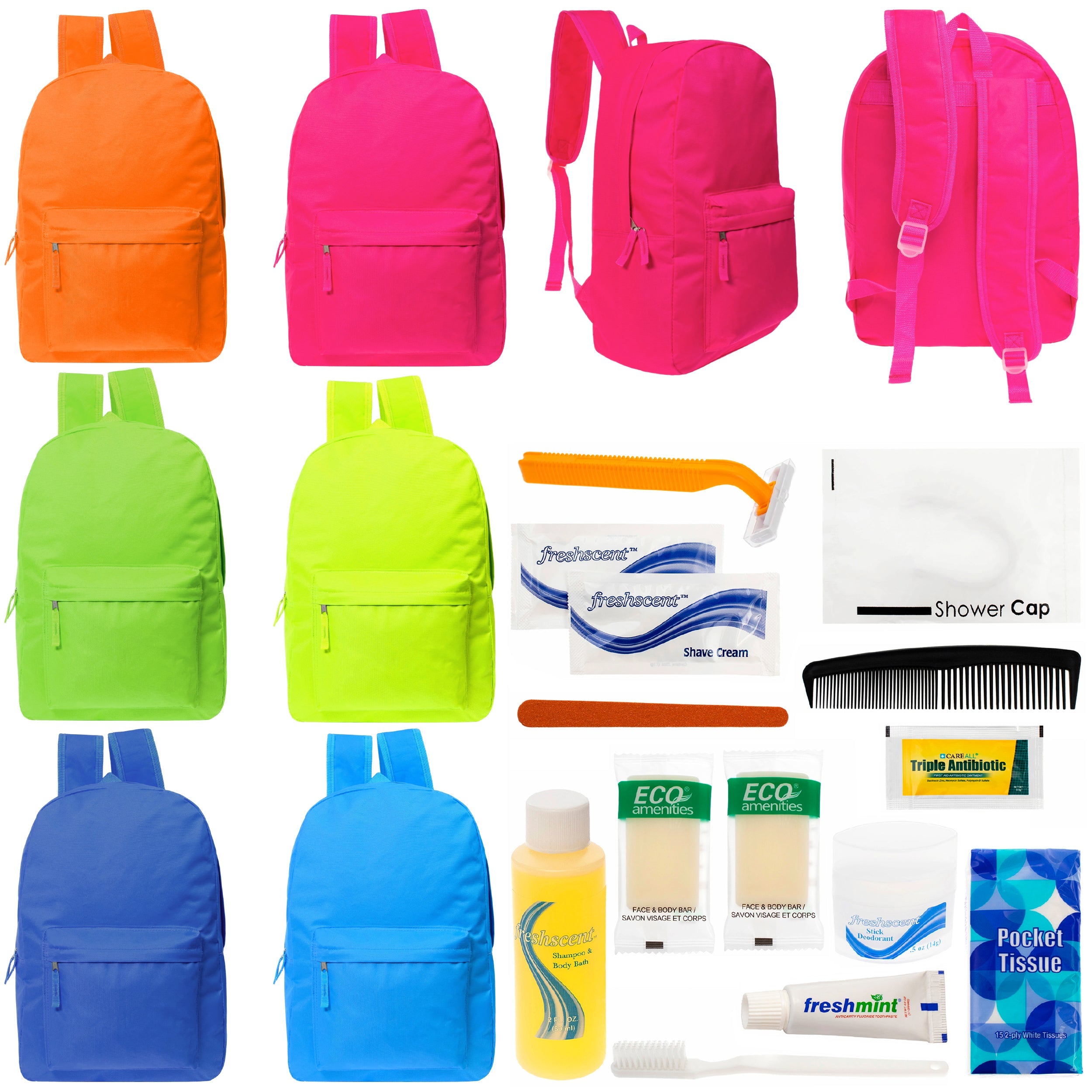 12 Bright Color 17" Backpacks in 6 Colors & Your Choice of 12 Bulk Hygiene Kits - Wholesale Care Package: Homeless, Emergency, Charity