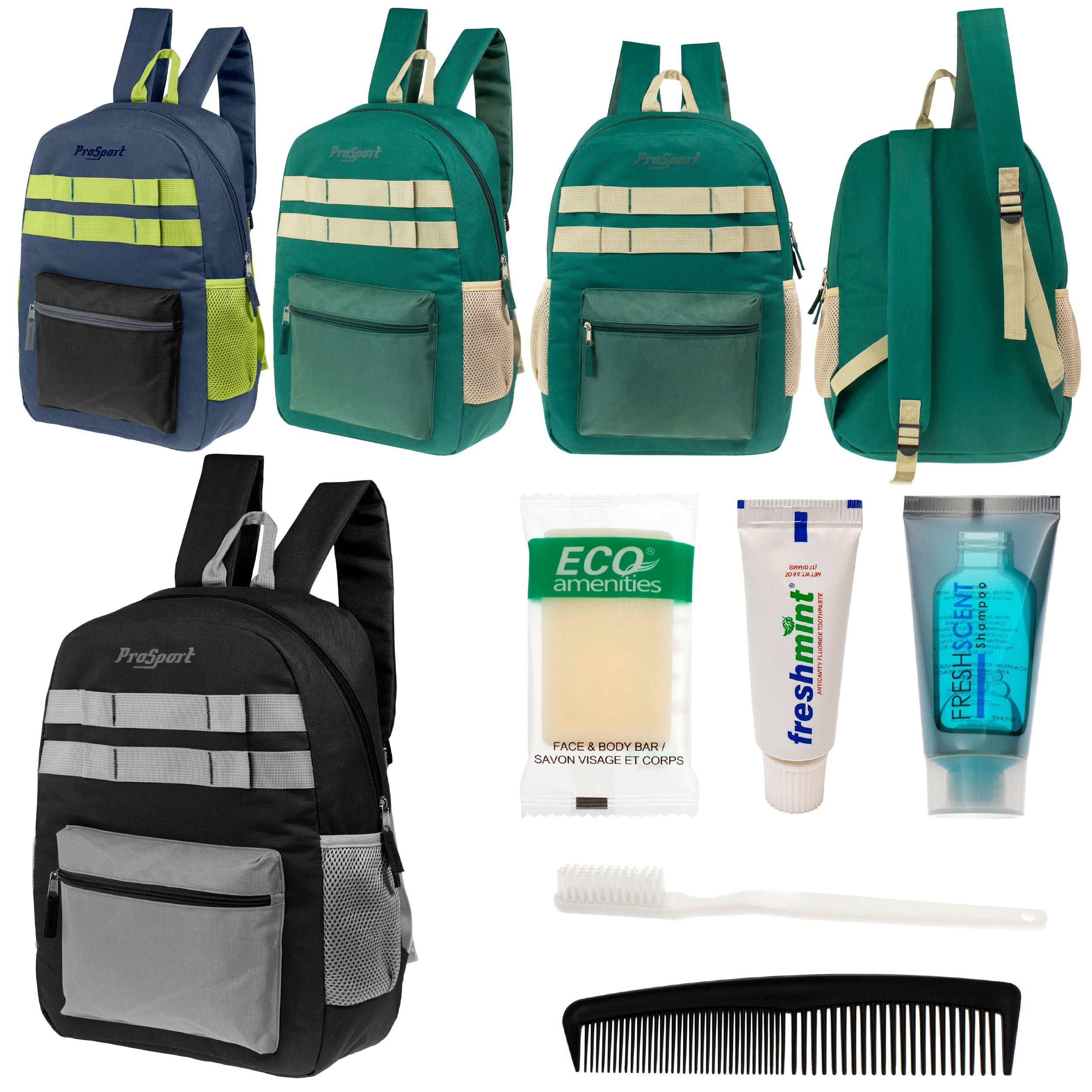 12 Multi-Color 17" Backpacks w/Accent Trim & Your Choice of 12 Bulk Hygiene Kits - Wholesale Care Package: Homeless, Emergency, Charity