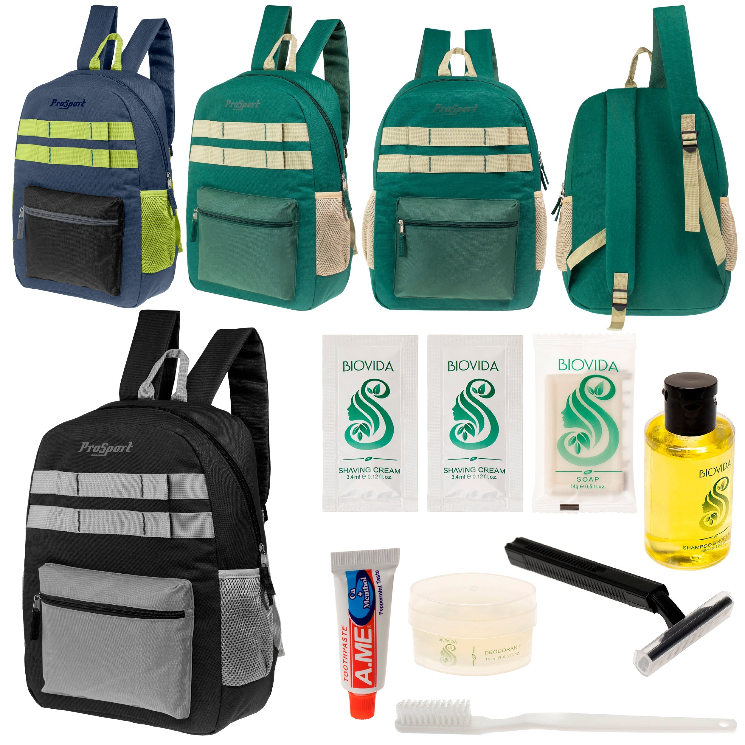 12 Multi-Color 17" Backpacks w/Accent Trim & Your Choice of 12 Bulk Hygiene Kits - Wholesale Care Package: Homeless, Emergency, Charity