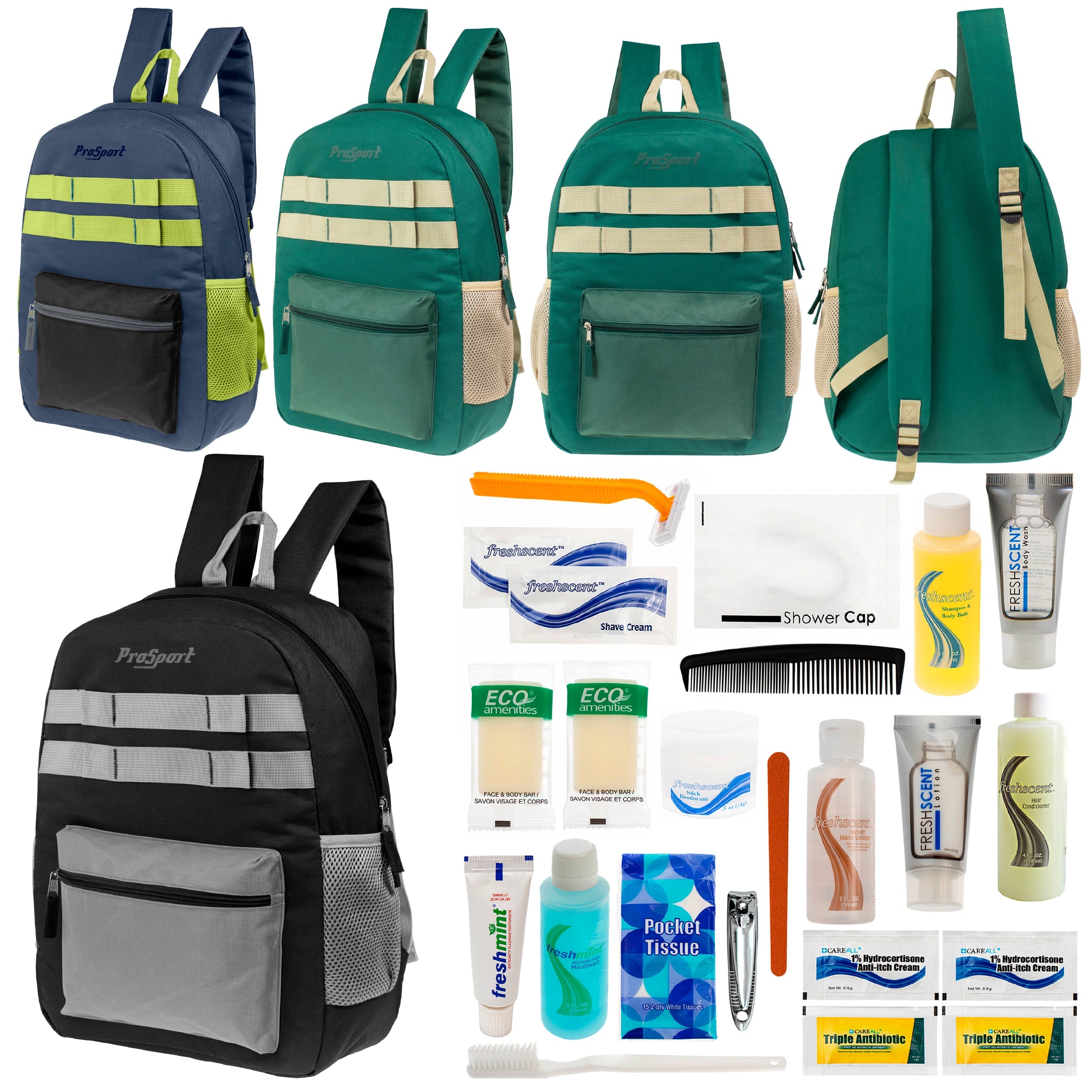 12 Multi-Color 17" Backpacks w/Accent Trim & Your Choice of 12 Bulk Hygiene Kits - Wholesale Care Package: Homeless, Emergency, Charity