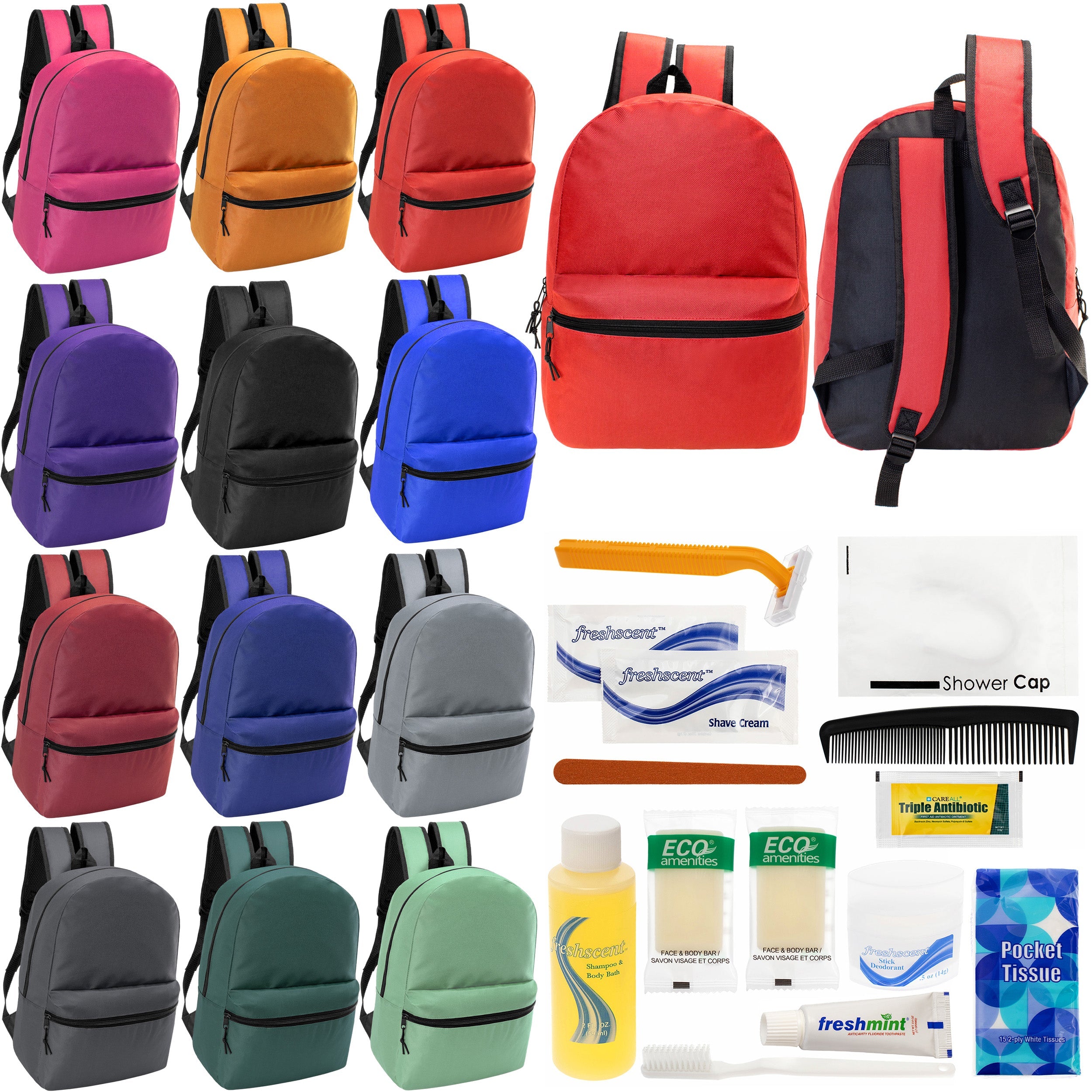 12 Basic 18.5" Backpacks in 12 Assorted Colors & Your Choice of 12 Bulk Hygiene Kits - Wholesale Care Package: Homeless, Emergency, Charity