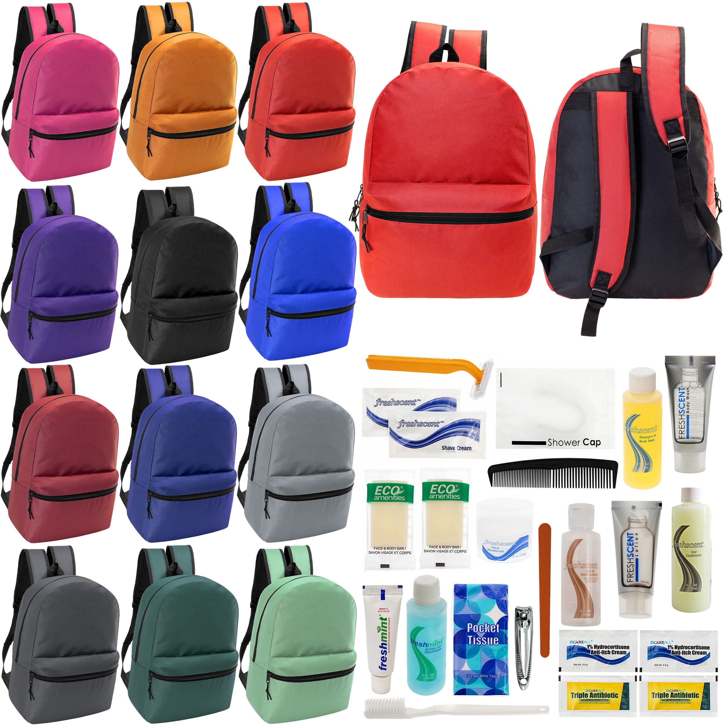 12 Basic 18.5" Backpacks in 12 Assorted Colors & Your Choice of 12 Bulk Hygiene Kits - Wholesale Care Package: Homeless, Emergency, Charity