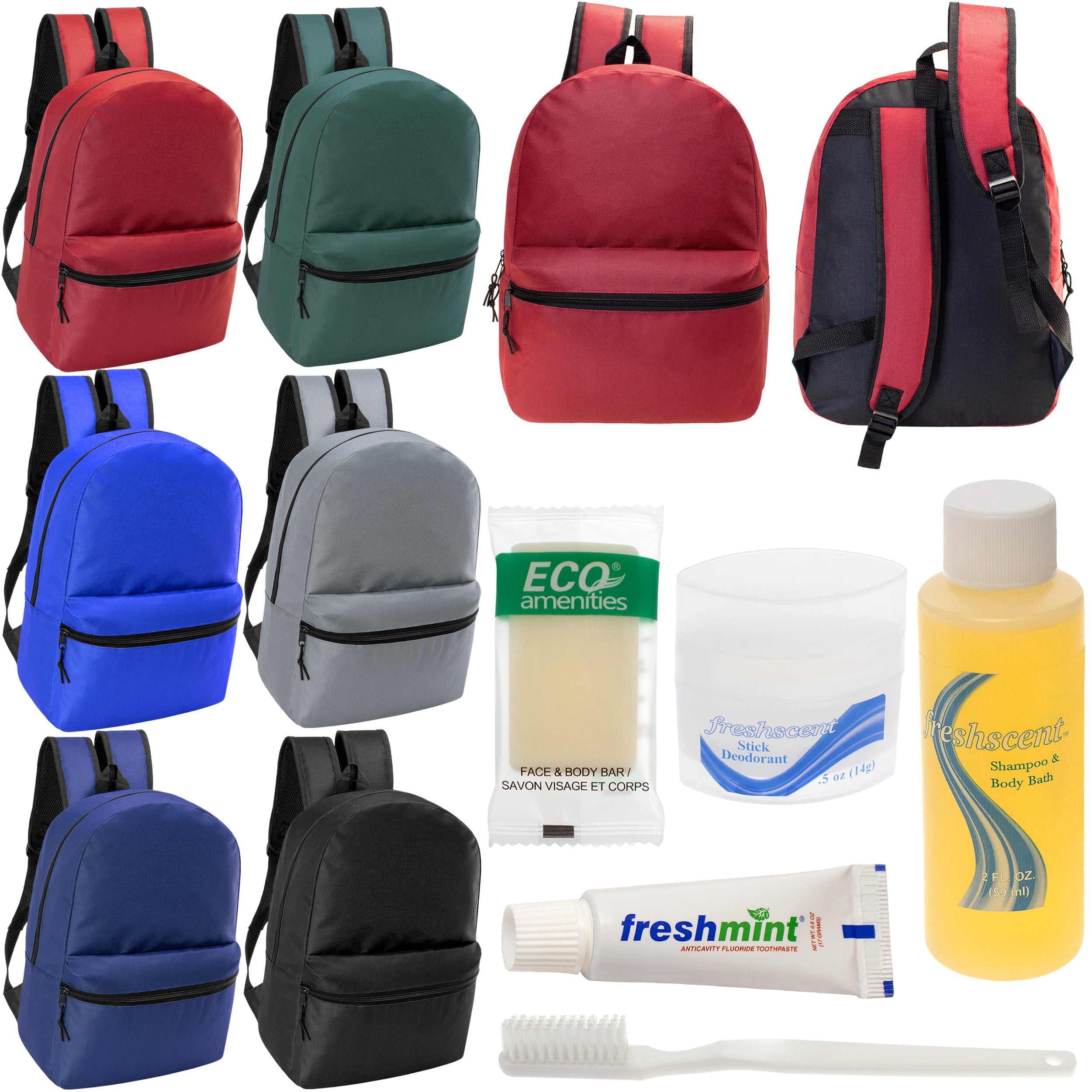 12 Basic 18.5" Backpacks in 6 Assorted Colors & Your Choice of 12 Bulk Hygiene Kits - Wholesale Care Package: Homeless, Emergency, Charity