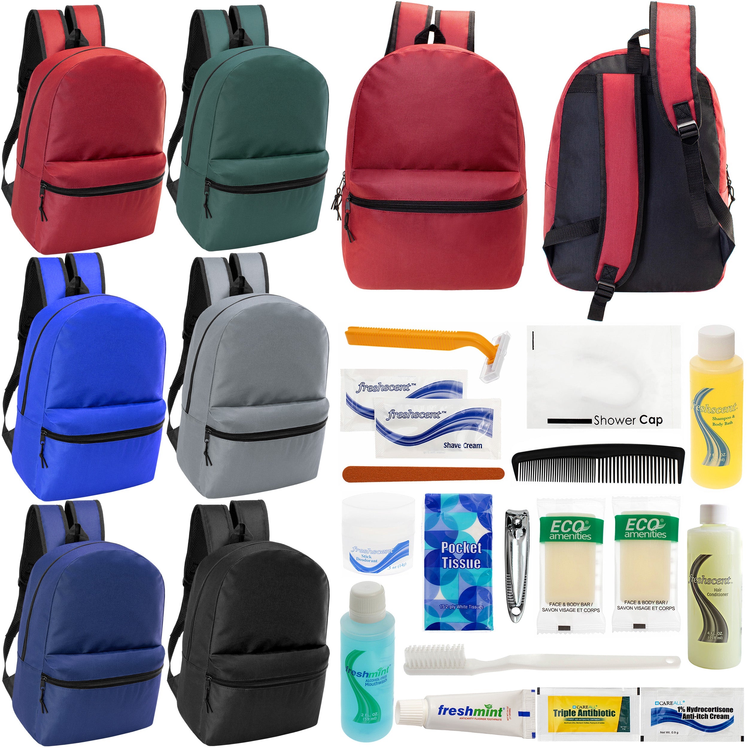 12 Basic 18.5" Backpacks in 6 Assorted Colors & Your Choice of 12 Bulk Hygiene Kits - Wholesale Care Package: Homeless, Emergency, Charity