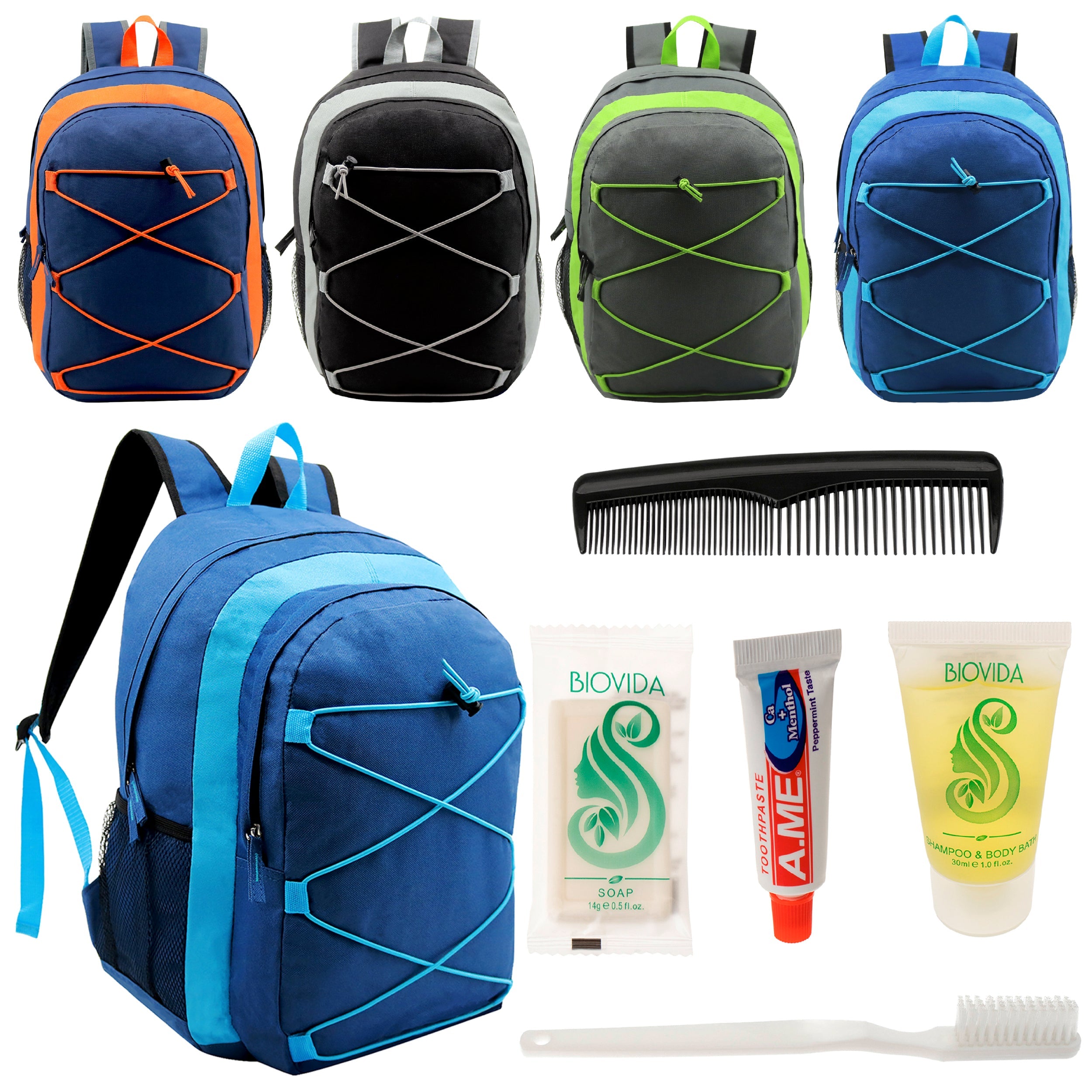 12 Multi-Color 17" Premium Bungee Backpacks in 4 Colors & Your Choice of 12 Bulk Hygiene Kits - Wholesale Care Package: Homeless, Emergency, Charity