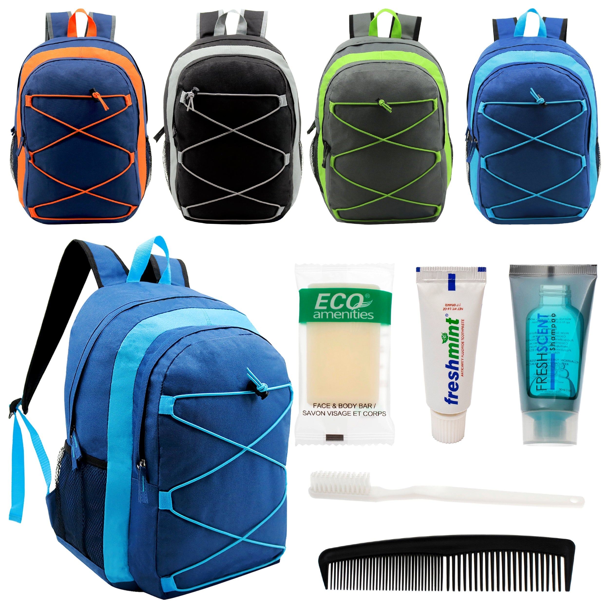 12 Multi-Color 17" Premium Bungee Backpacks in 4 Colors & Your Choice of 12 Bulk Hygiene Kits - Wholesale Care Package: Homeless, Emergency, Charity