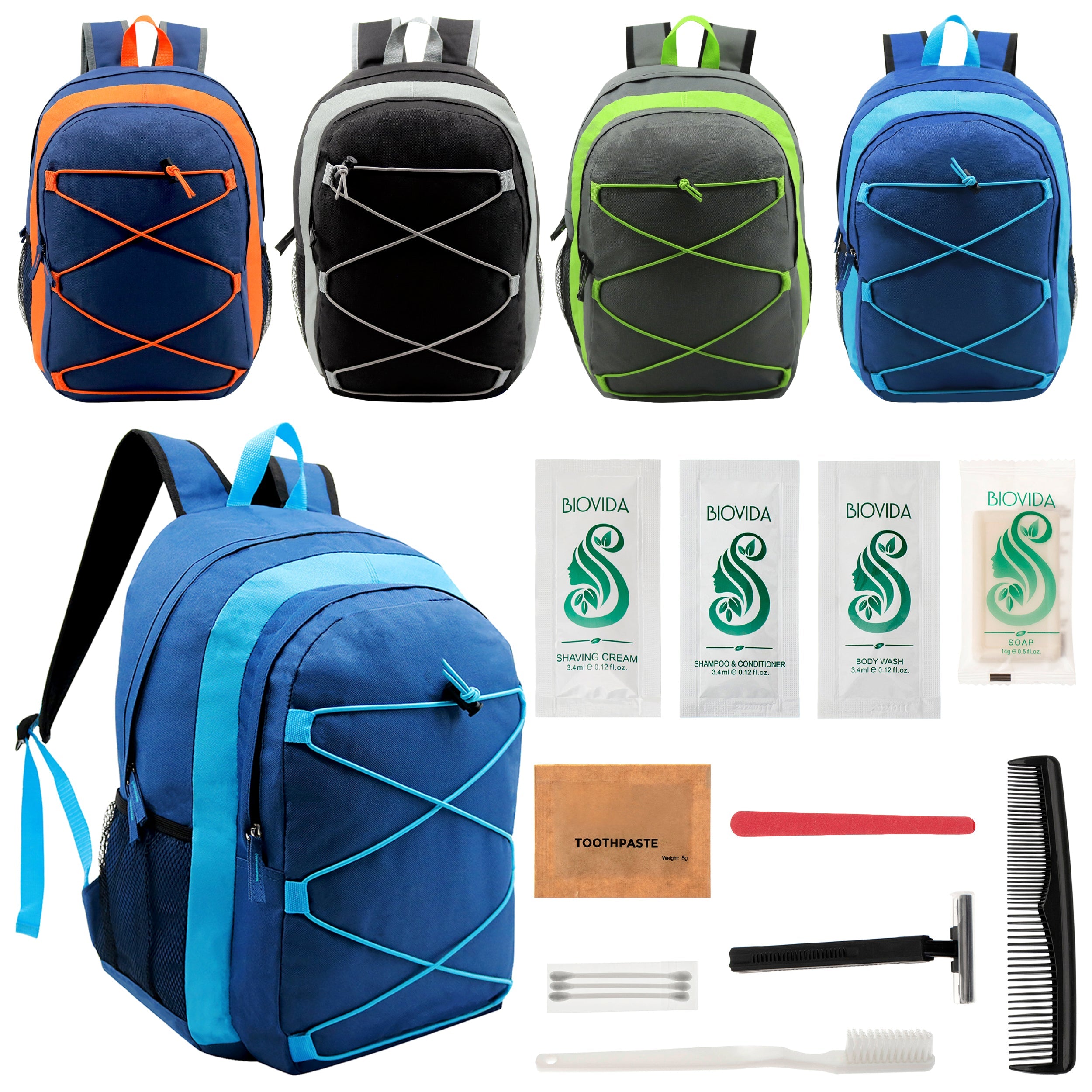 12 Multi-Color 17" Premium Bungee Backpacks in 4 Colors & Your Choice of 12 Bulk Hygiene Kits - Wholesale Care Package: Homeless, Emergency, Charity