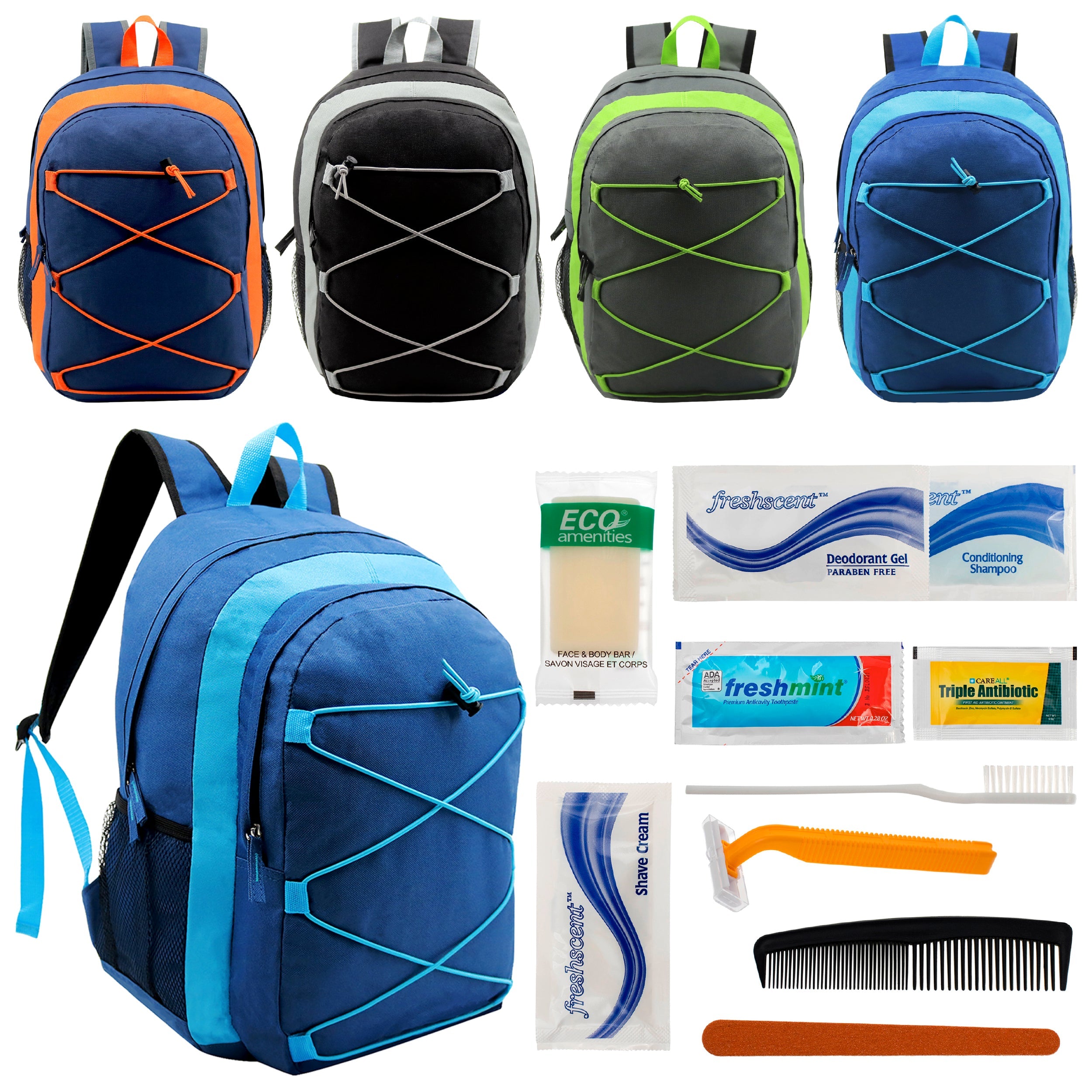 12 Multi-Color 17" Premium Bungee Backpacks in 4 Colors & Your Choice of 12 Bulk Hygiene Kits - Wholesale Care Package: Homeless, Emergency, Charity