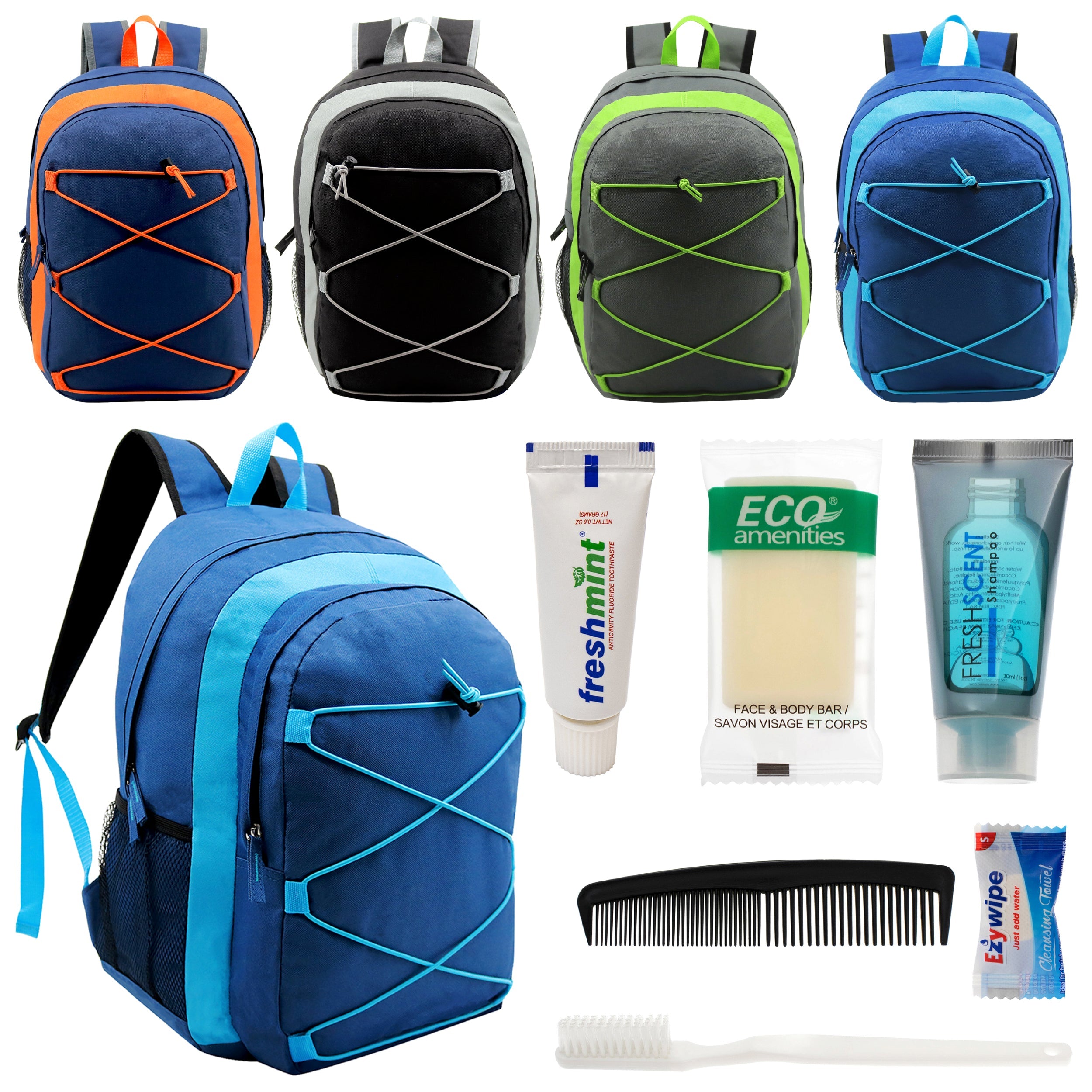 12 Multi-Color 17" Premium Bungee Backpacks in 4 Colors & Your Choice of 12 Bulk Hygiene Kits - Wholesale Care Package: Homeless, Emergency, Charity