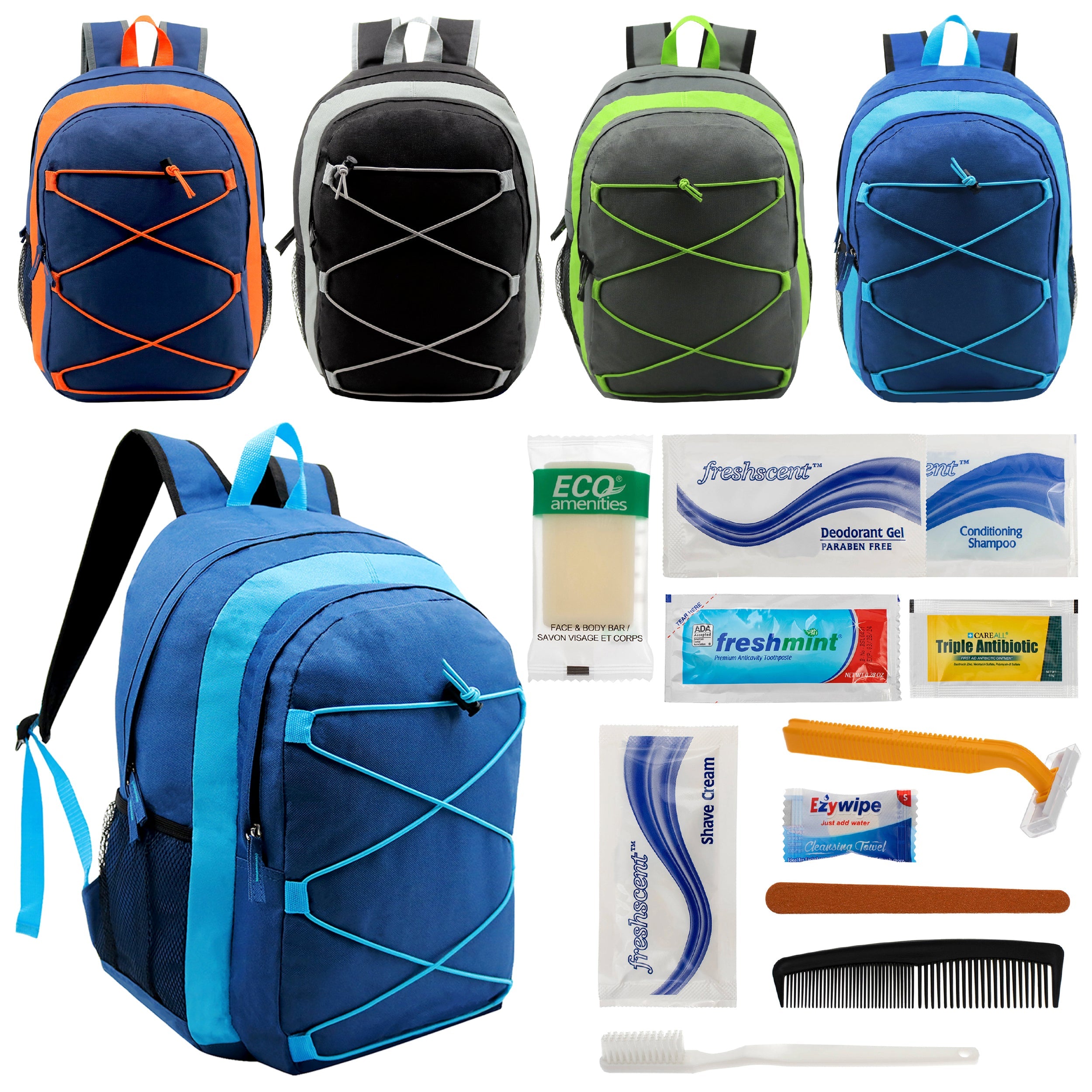 12 Multi-Color 17" Premium Bungee Backpacks in 4 Colors & Your Choice of 12 Bulk Hygiene Kits - Wholesale Care Package: Homeless, Emergency, Charity