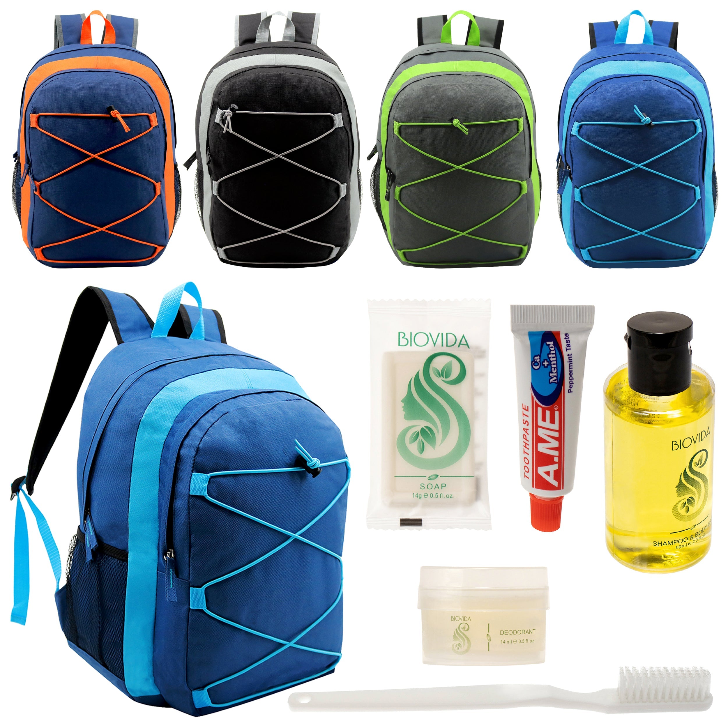 12 Multi-Color 17" Premium Bungee Backpacks in 4 Colors & Your Choice of 12 Bulk Hygiene Kits - Wholesale Care Package: Homeless, Emergency, Charity