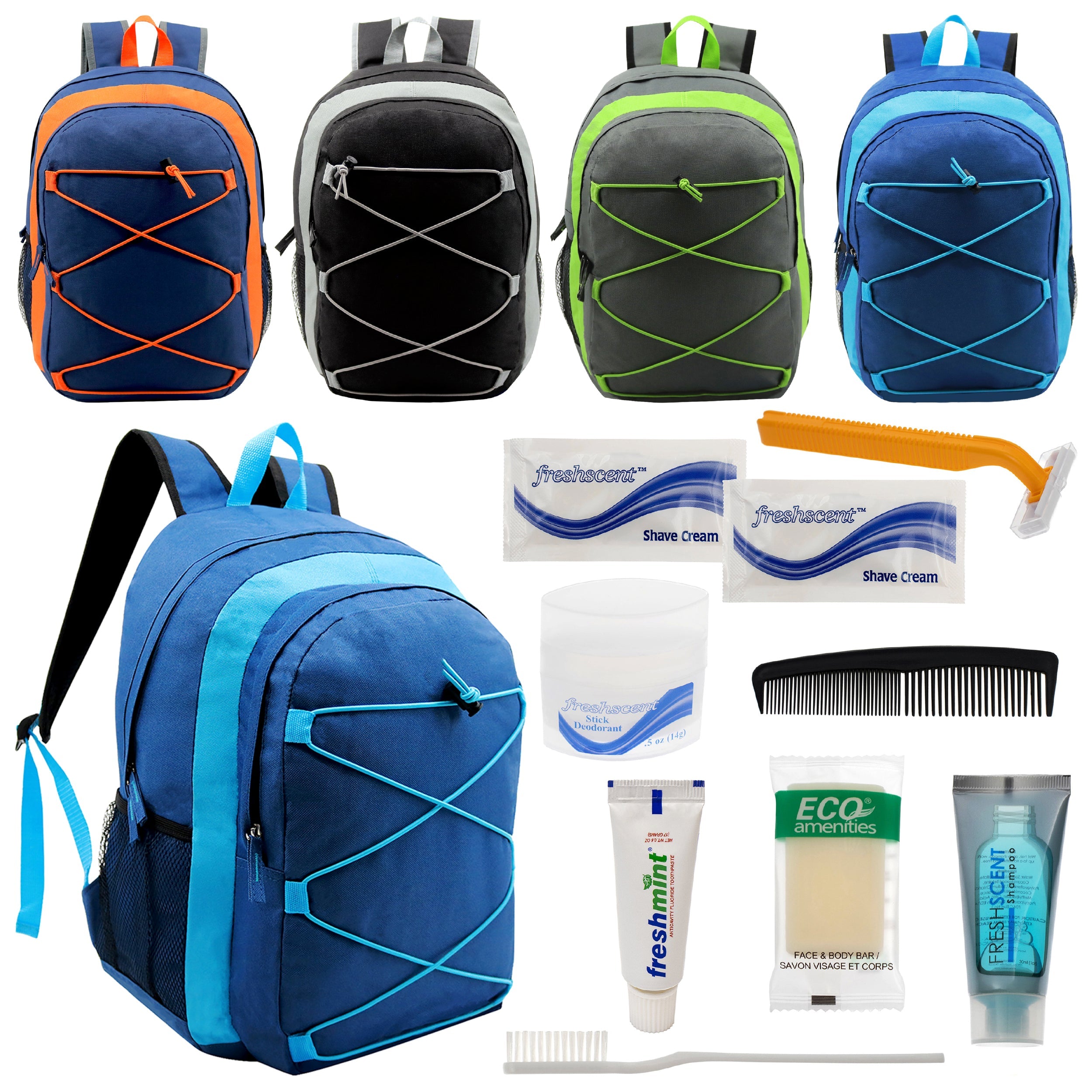 12 Multi-Color 17" Premium Bungee Backpacks in 4 Colors & Your Choice of 12 Bulk Hygiene Kits - Wholesale Care Package: Homeless, Emergency, Charity