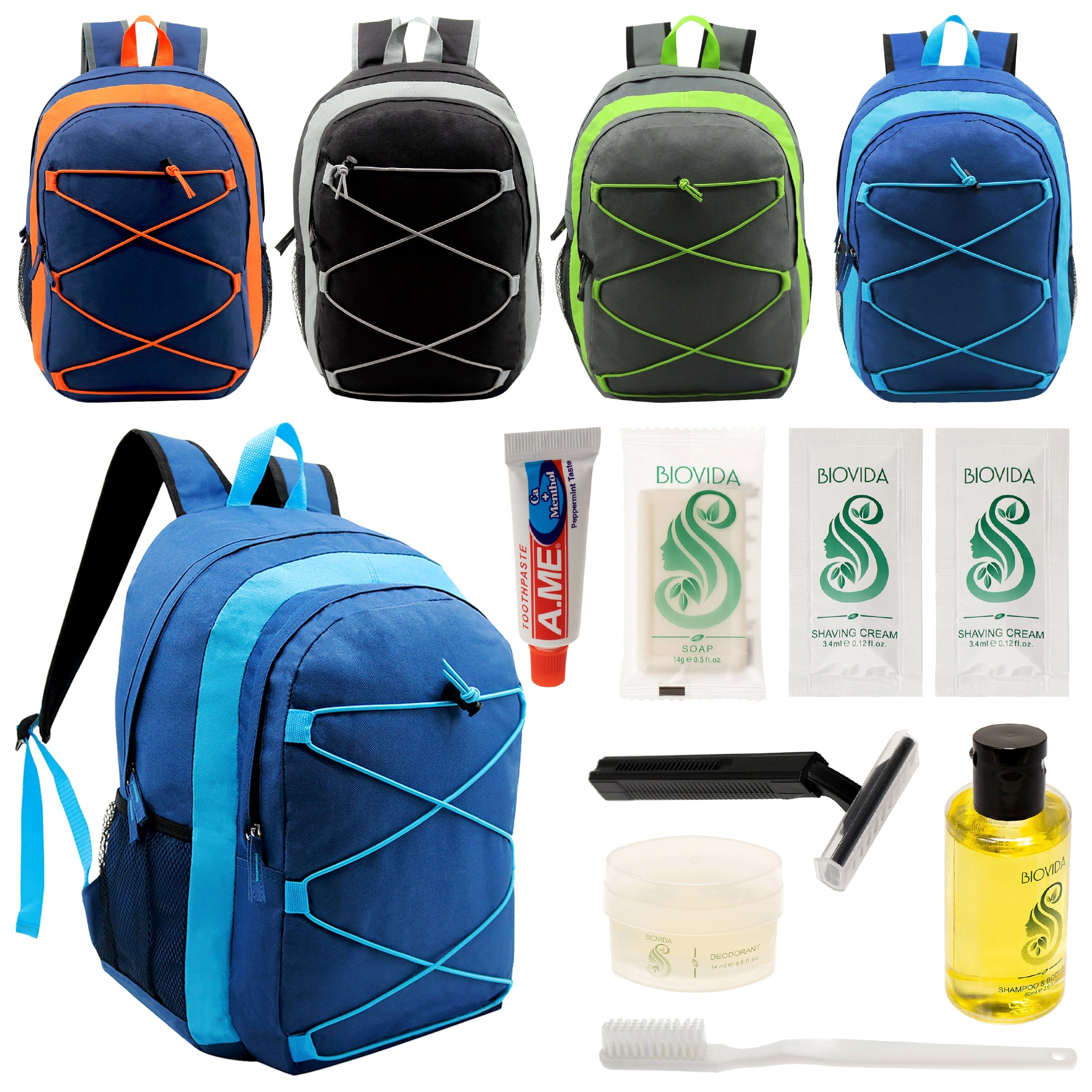 12 Multi-Color 17" Premium Bungee Backpacks in 4 Colors & Your Choice of 12 Bulk Hygiene Kits - Wholesale Care Package: Homeless, Emergency, Charity