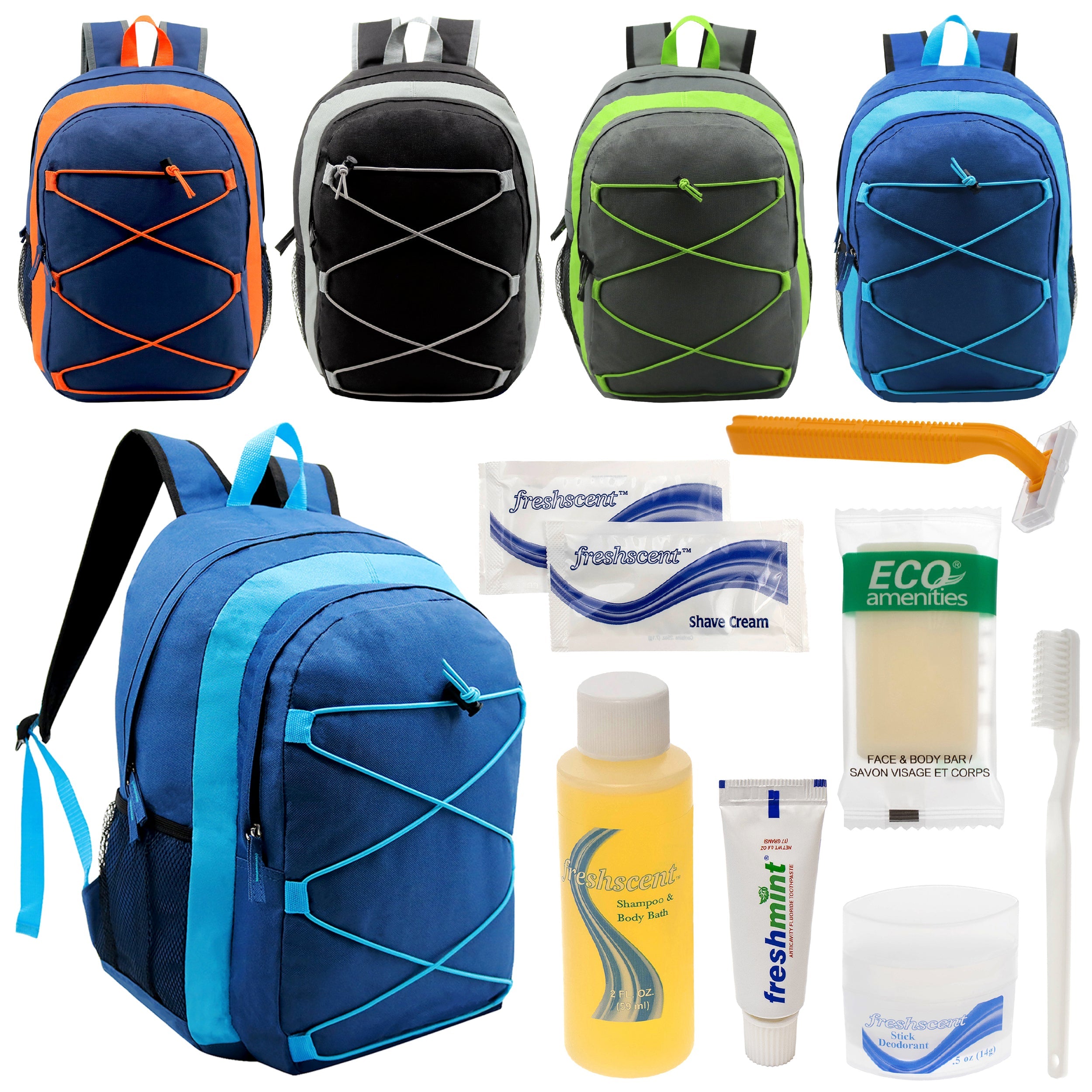 12 Multi-Color 17" Premium Bungee Backpacks in 4 Colors & Your Choice of 12 Bulk Hygiene Kits - Wholesale Care Package: Homeless, Emergency, Charity