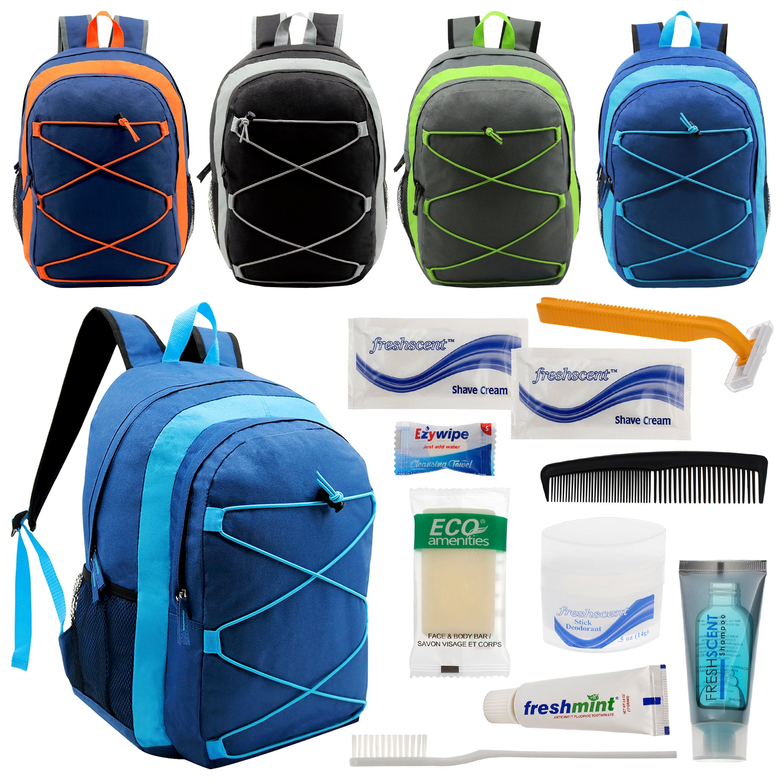 12 Multi-Color 17" Premium Bungee Backpacks in 4 Colors & Your Choice of 12 Bulk Hygiene Kits - Wholesale Care Package: Homeless, Emergency, Charity