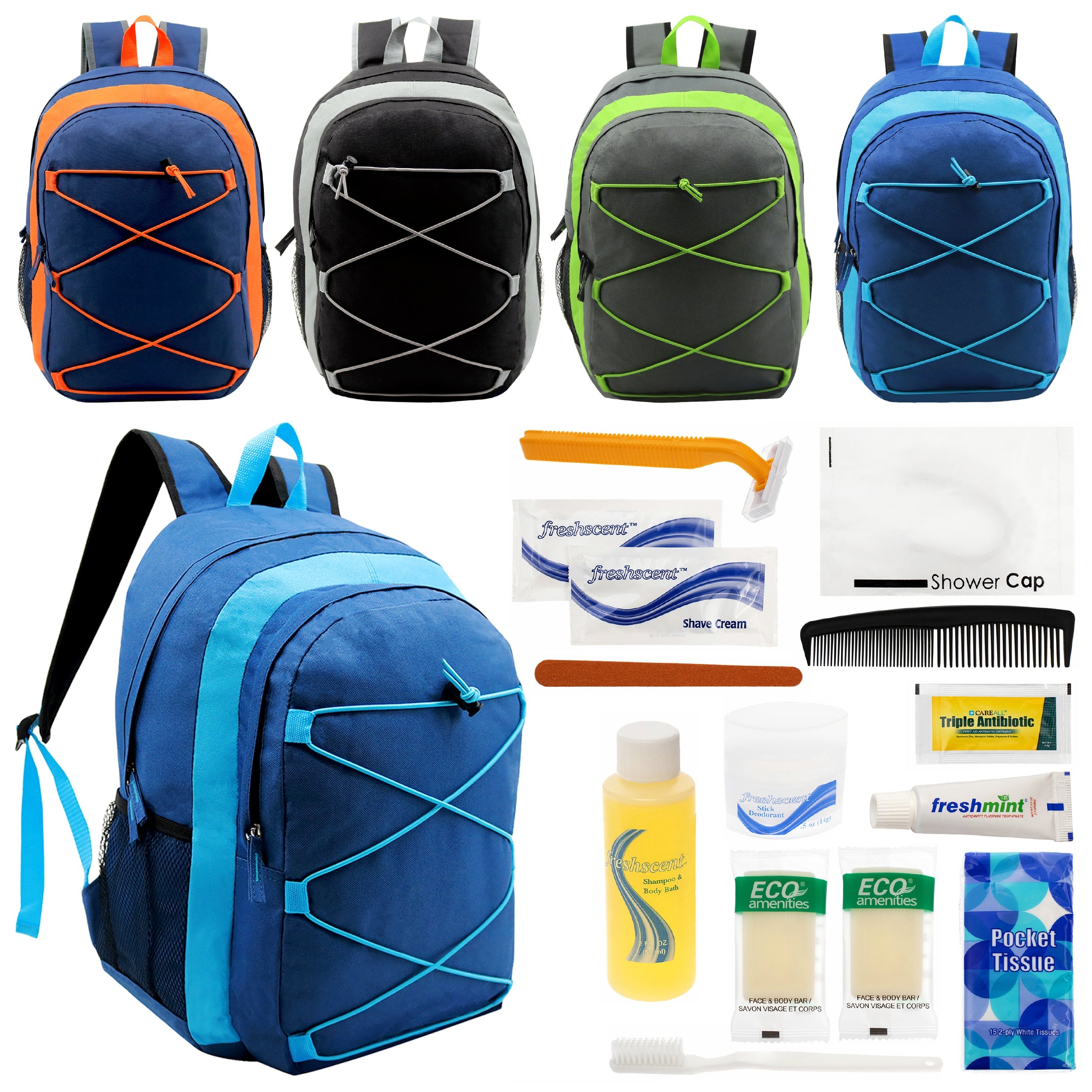 12 Multi-Color 17" Premium Bungee Backpacks in 4 Colors & Your Choice of 12 Bulk Hygiene Kits - Wholesale Care Package: Homeless, Emergency, Charity