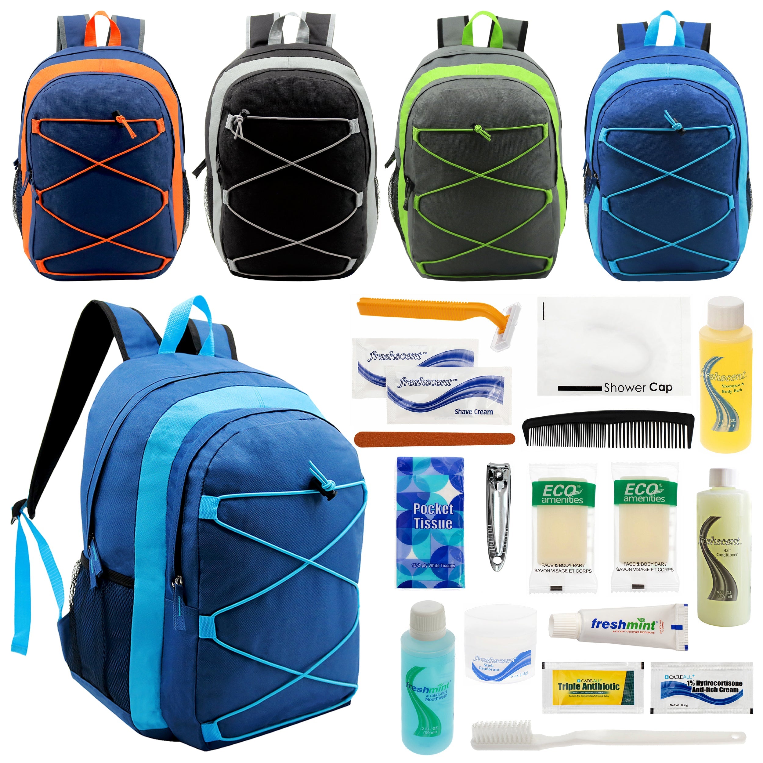 12 Multi-Color 17" Premium Bungee Backpacks in 4 Colors & Your Choice of 12 Bulk Hygiene Kits - Wholesale Care Package: Homeless, Emergency, Charity